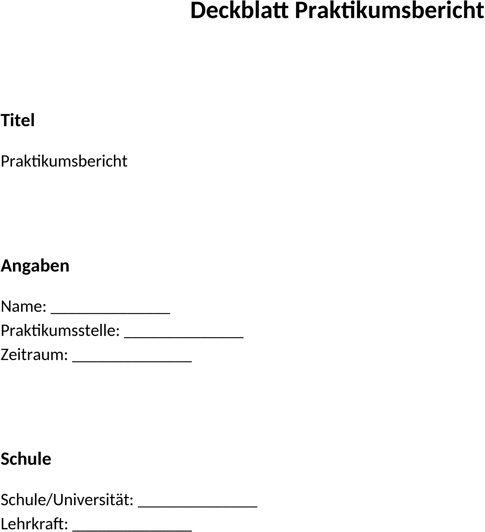 Deckblatt Praktikumsbericht Word-Vorlage