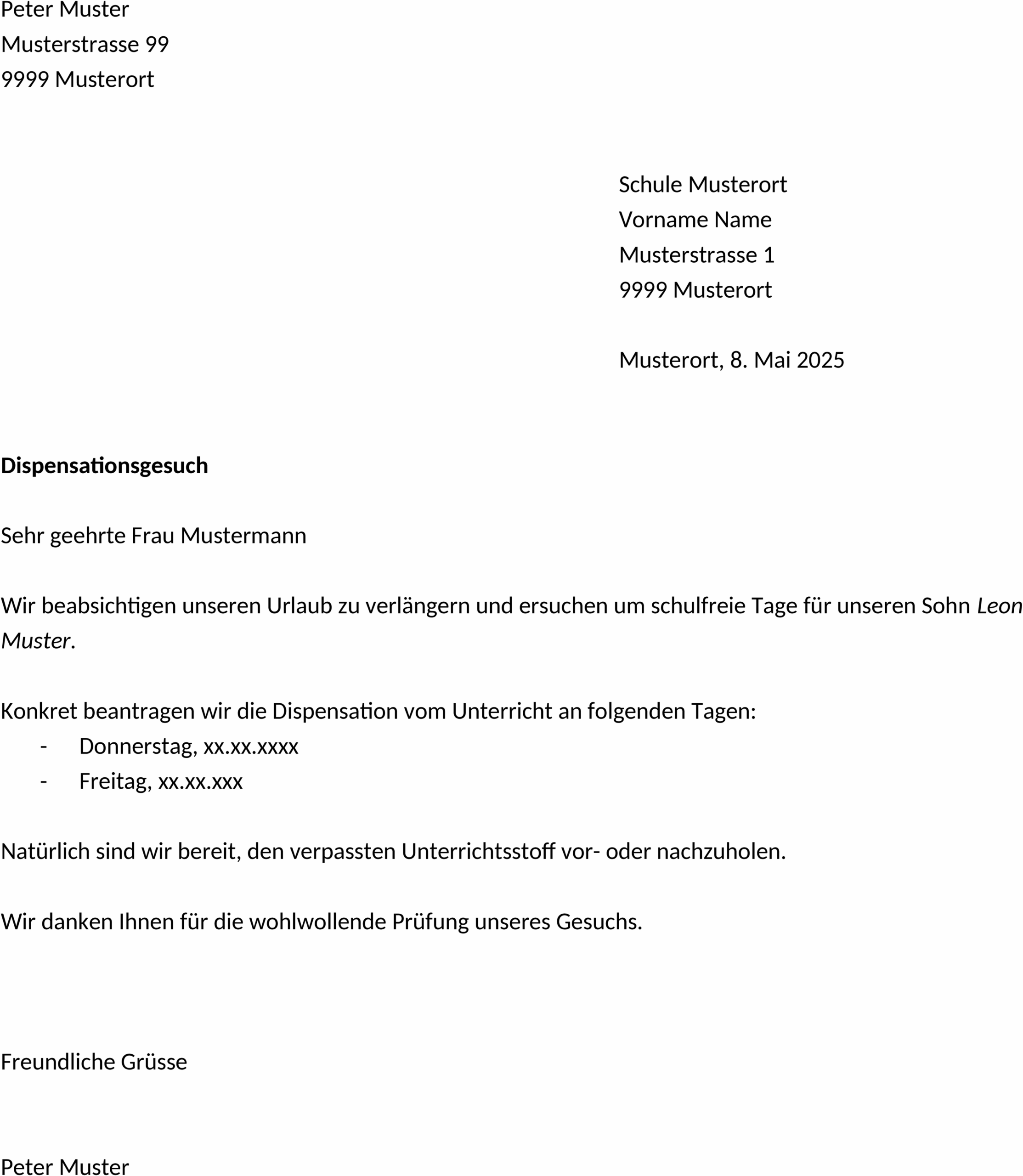 Dispensationsgesuch-Vorlage in Word