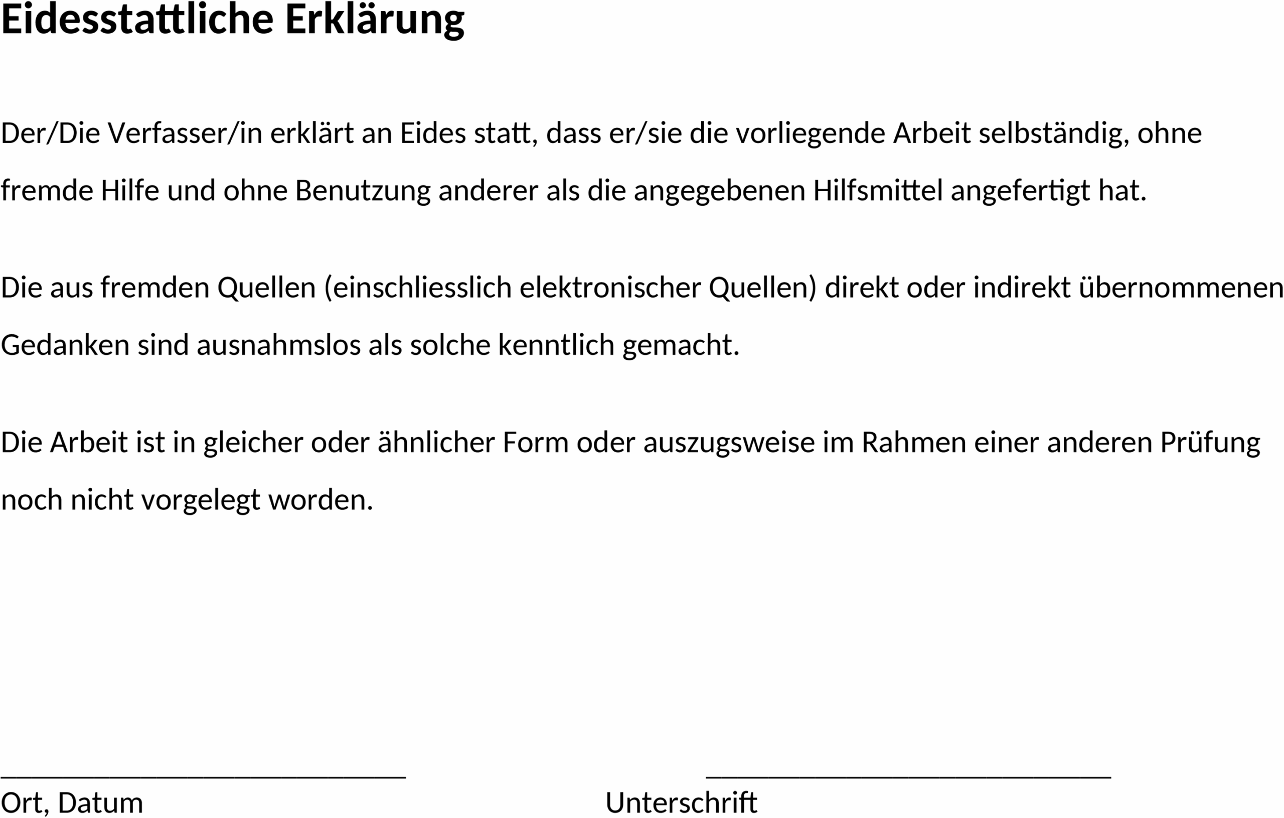 Eidesstattliche Erklärung Word-Vorlage