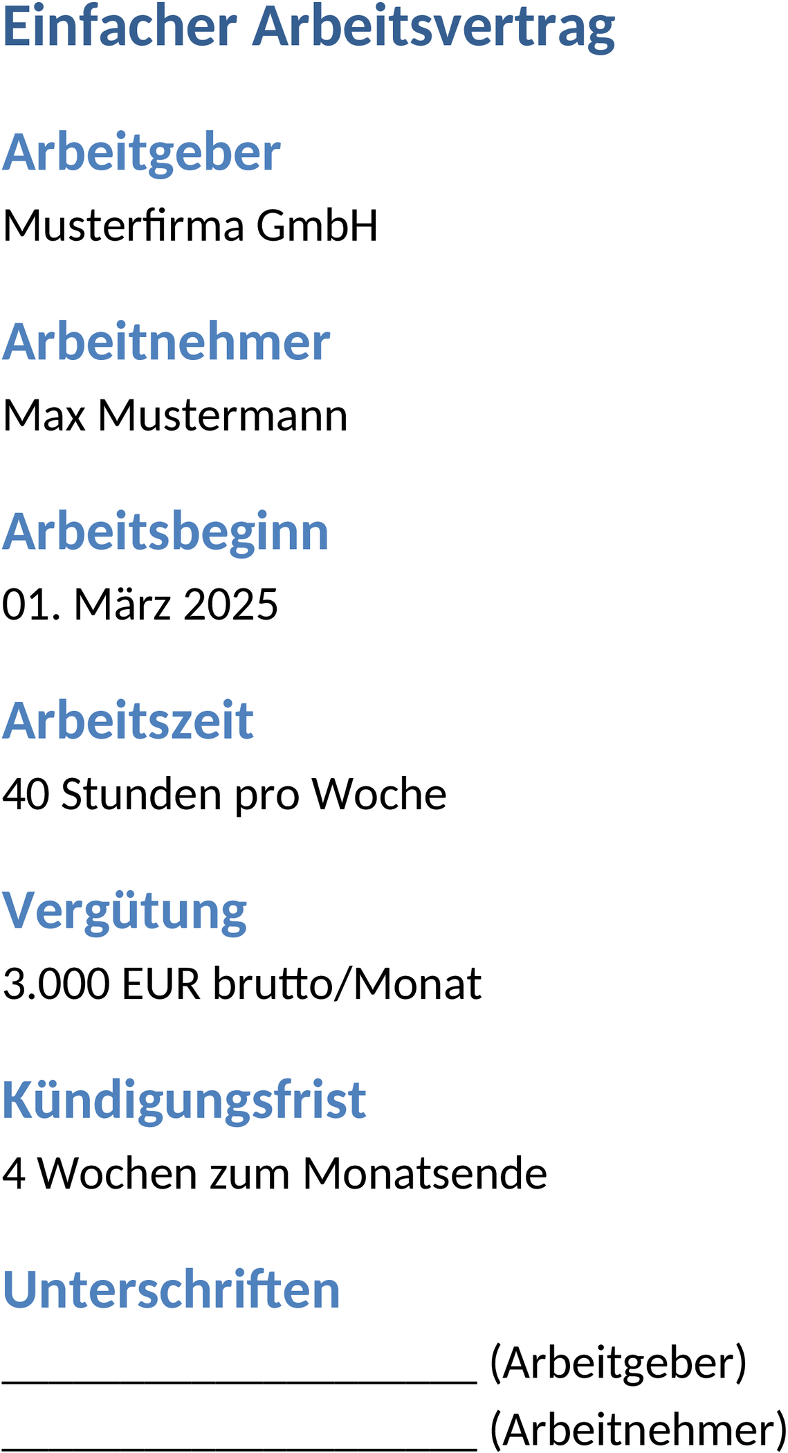 Einfacher Arbeitsvertrag: Word-Dokument