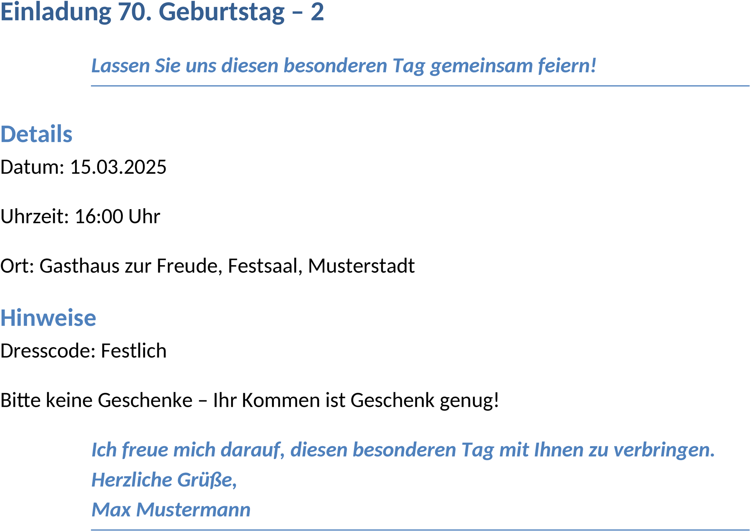 Einladung zum 70. Geburtstag – Word-Dokument
