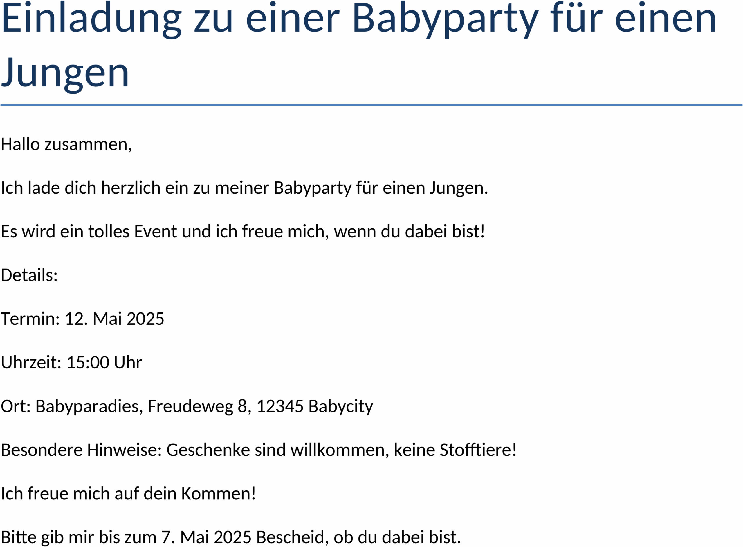 Einladung zur Babyparty für einen Jungen – Word Vorlage