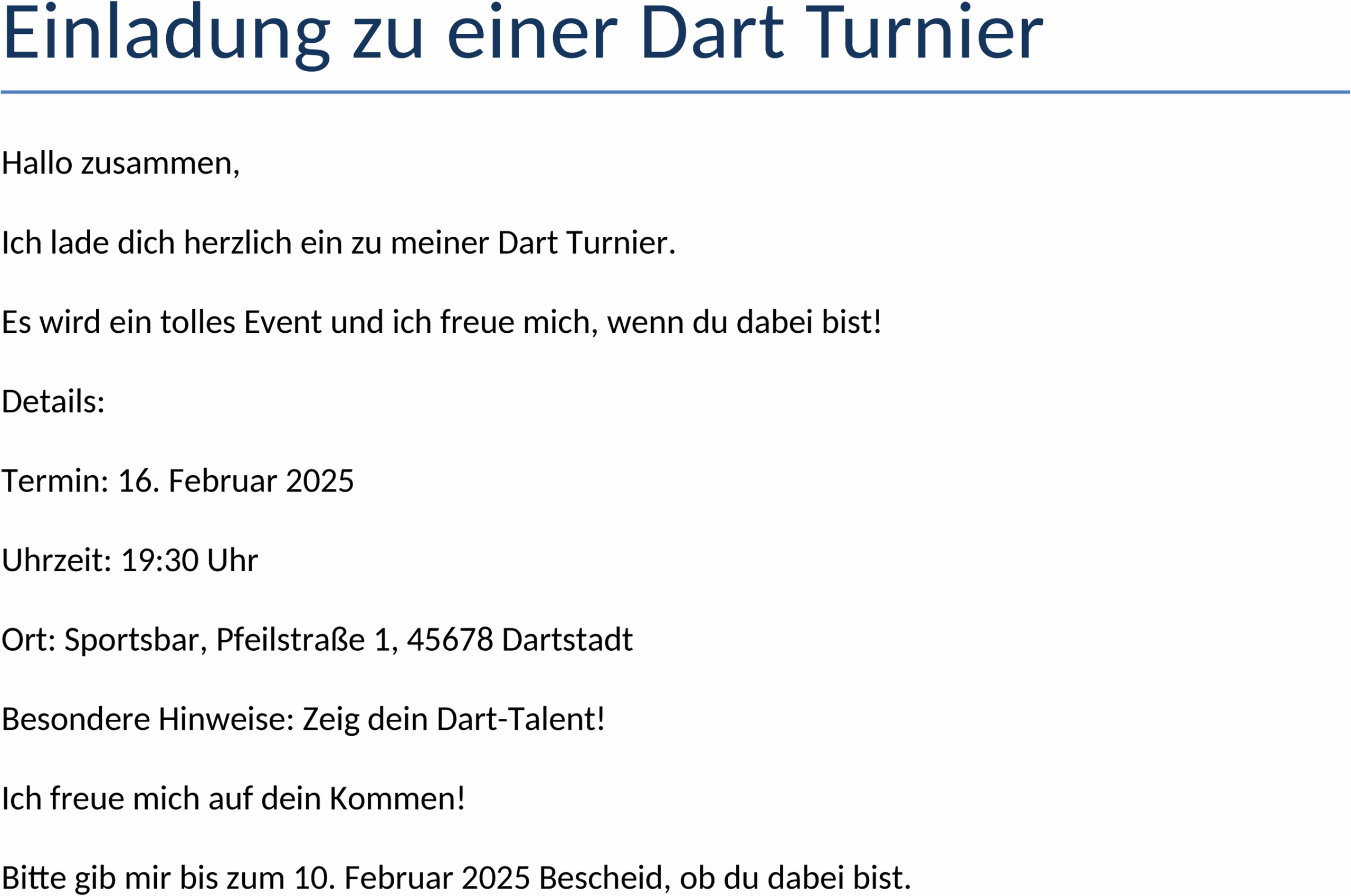 Einladungsvorlage für Dartturnier in Word