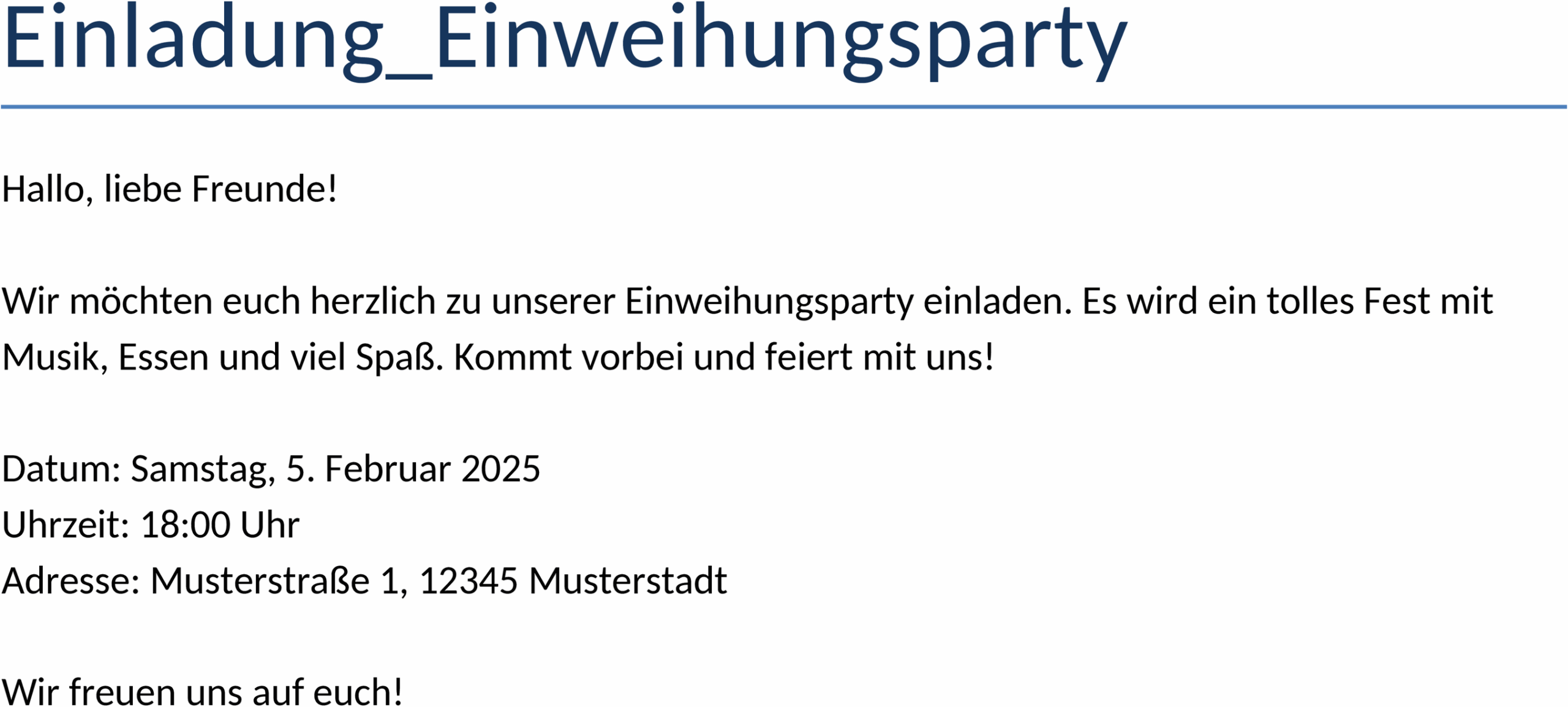 Word-Vorlage Einladung Einweihungsparty