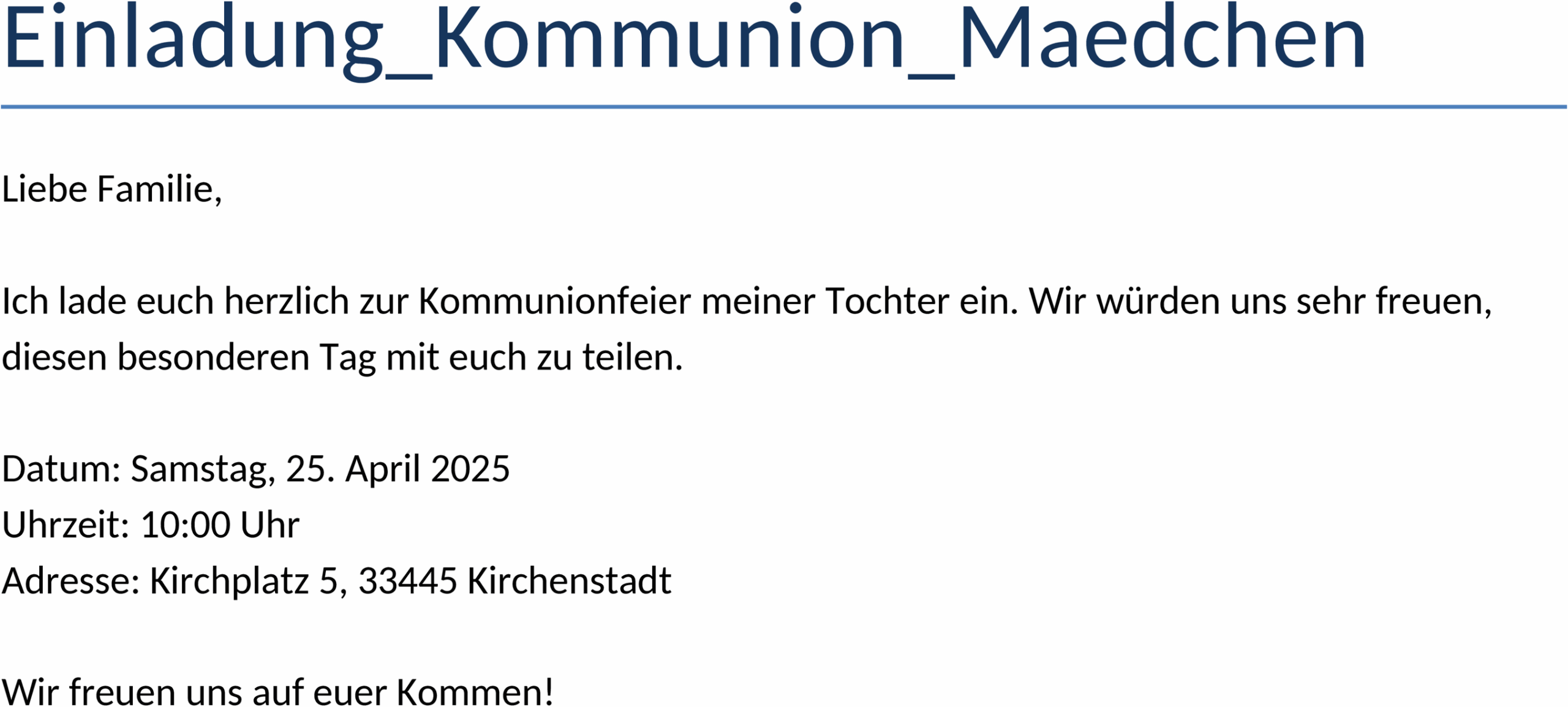 Einladung zur Kommunion für Mädchen - Word Datei