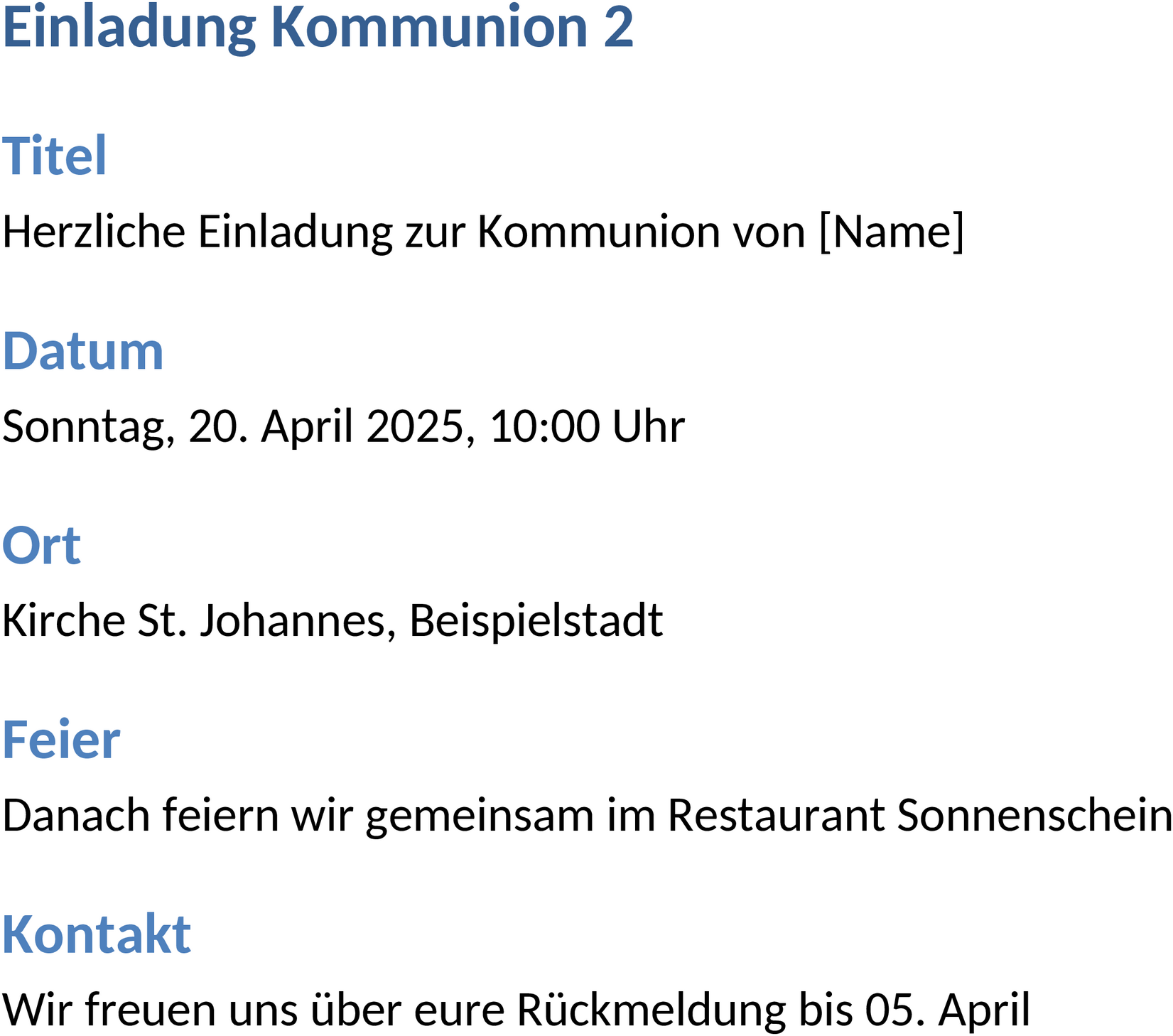 Einladungsvorlage Kommunion Word