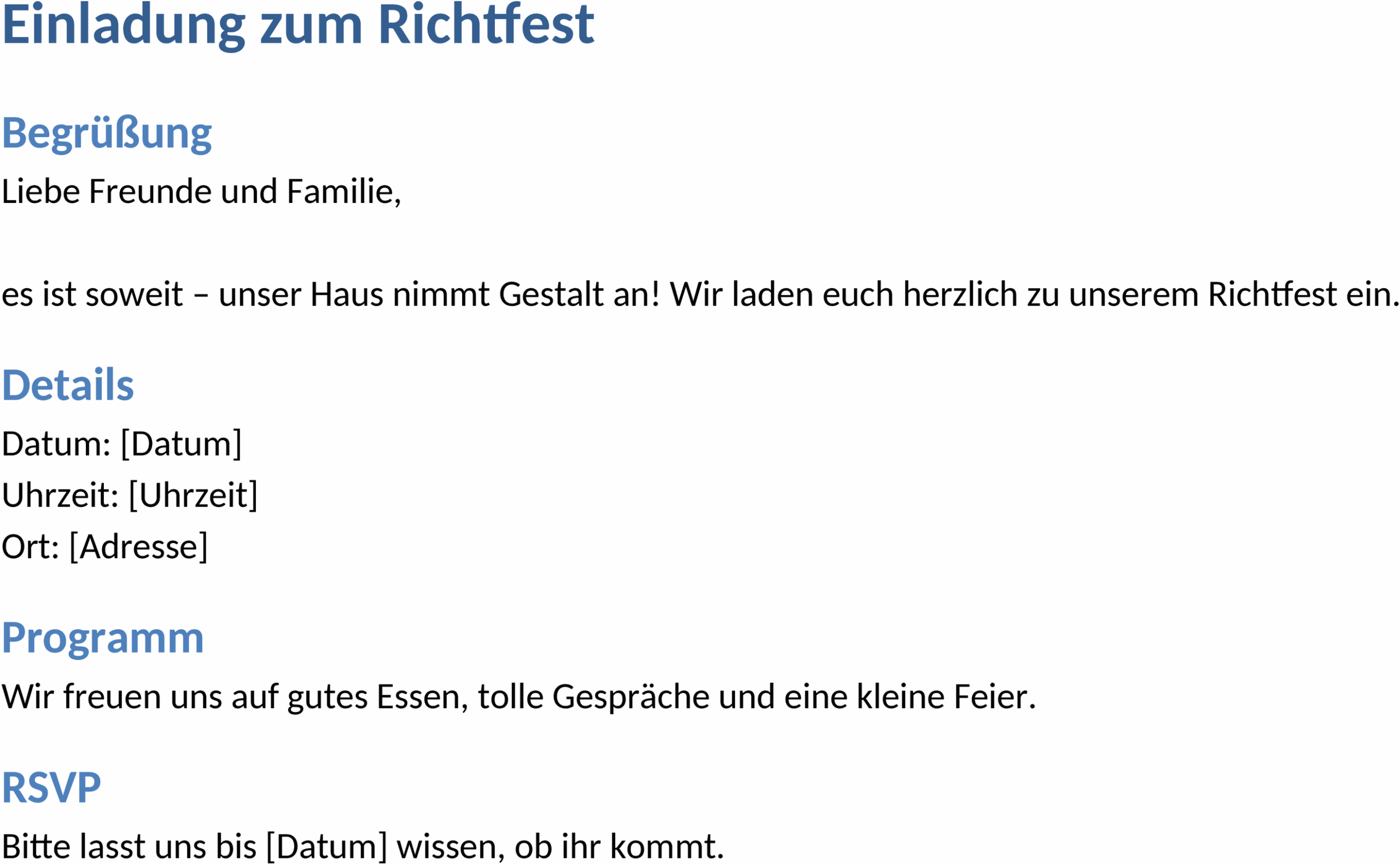 Einladungsvorlage für ein Richtfest
