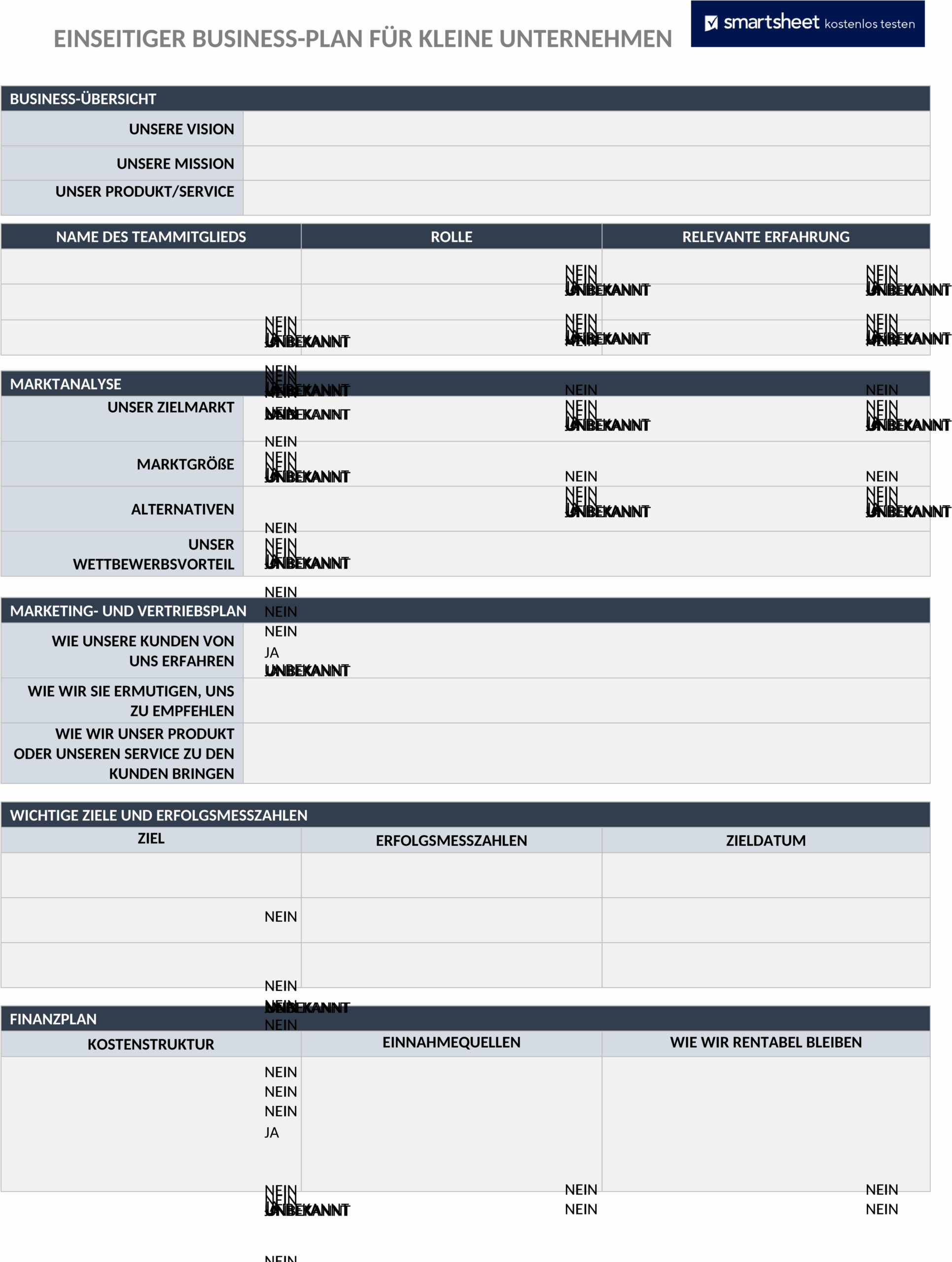 Word-Vorlage Einseitiger Business-Plan für Kleinunternehmen