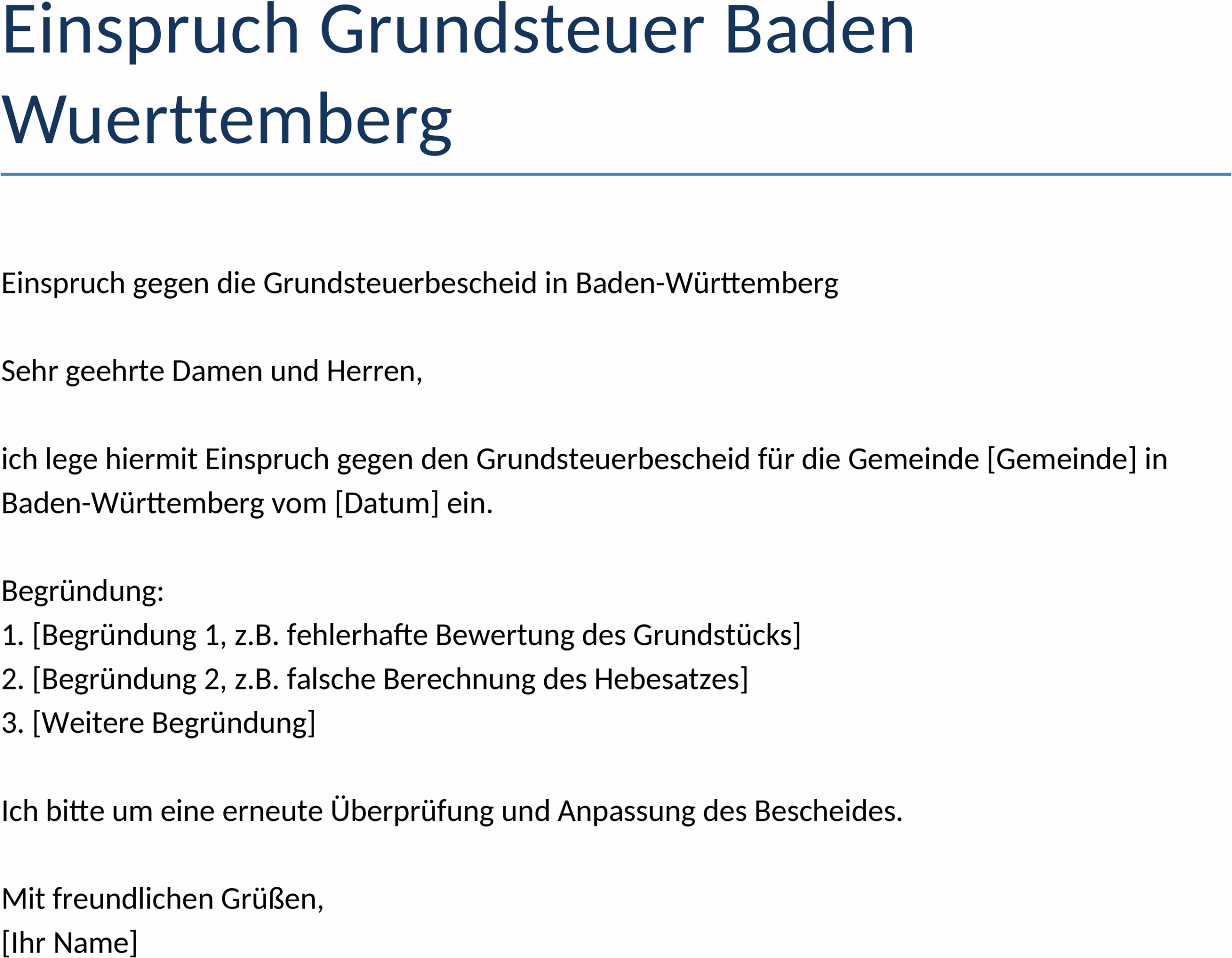 Einspruch gegen die Grundsteuer in Baden-Württemberg - Word Vorlage