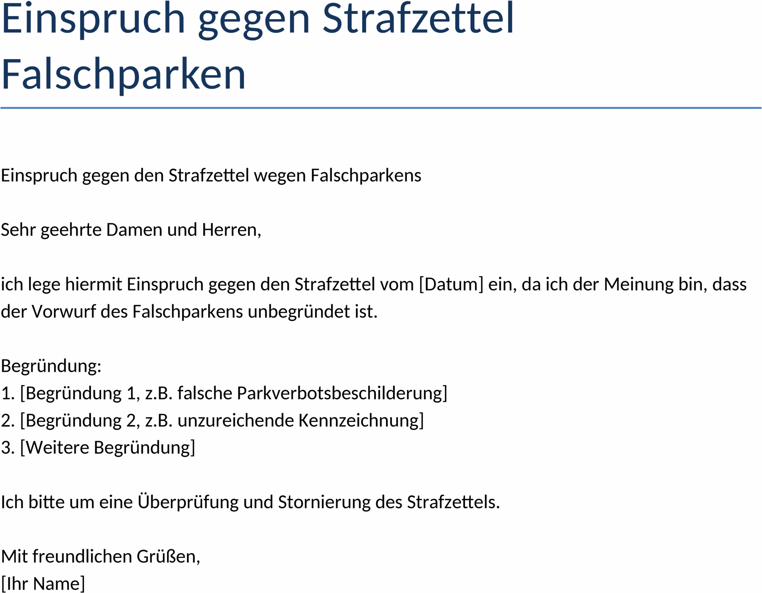 Einspruch gegen Strafzettel wegen Falschparken - Word-Dokument