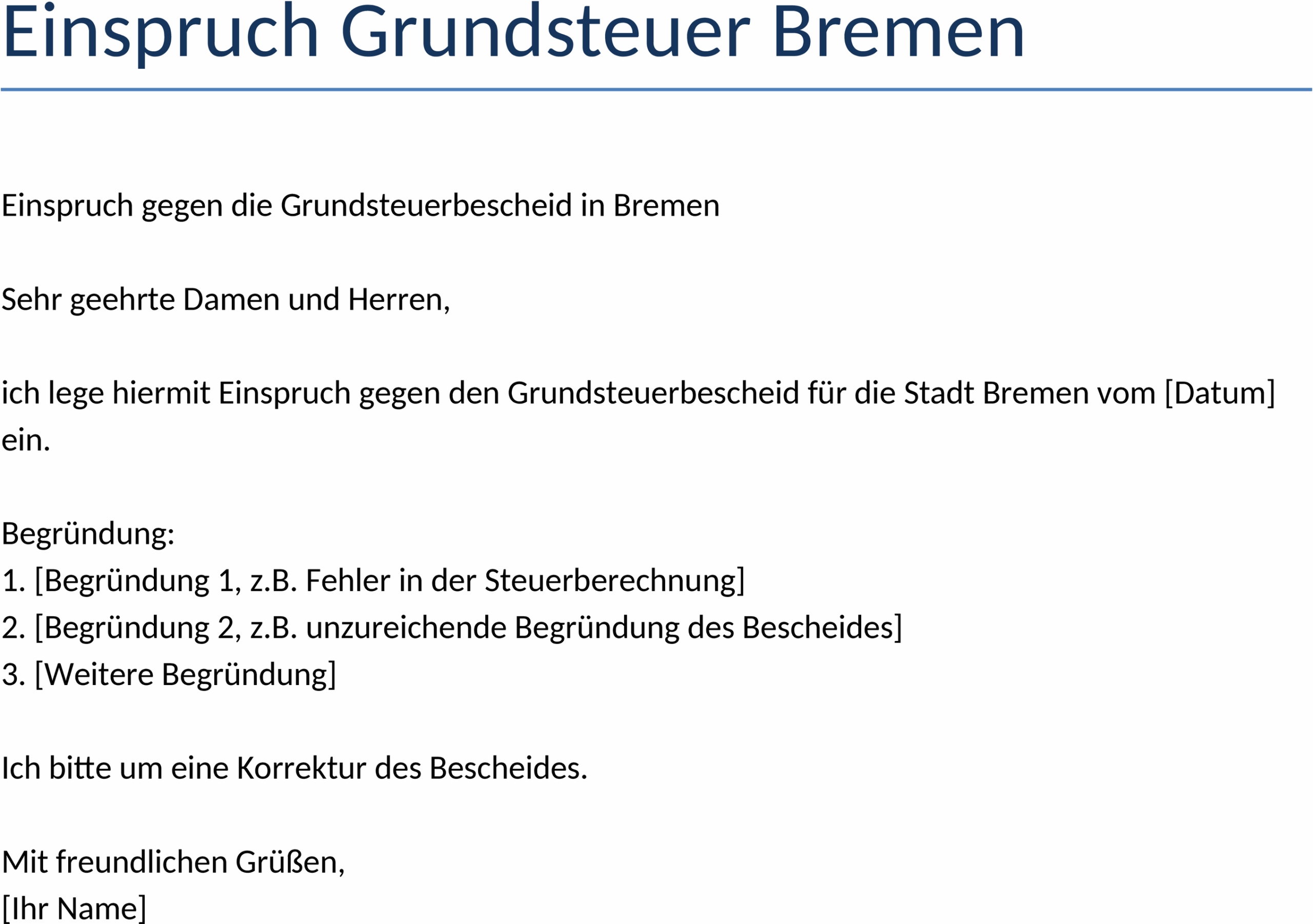 Einspruch Grundsteuer Vorlage Bremen
