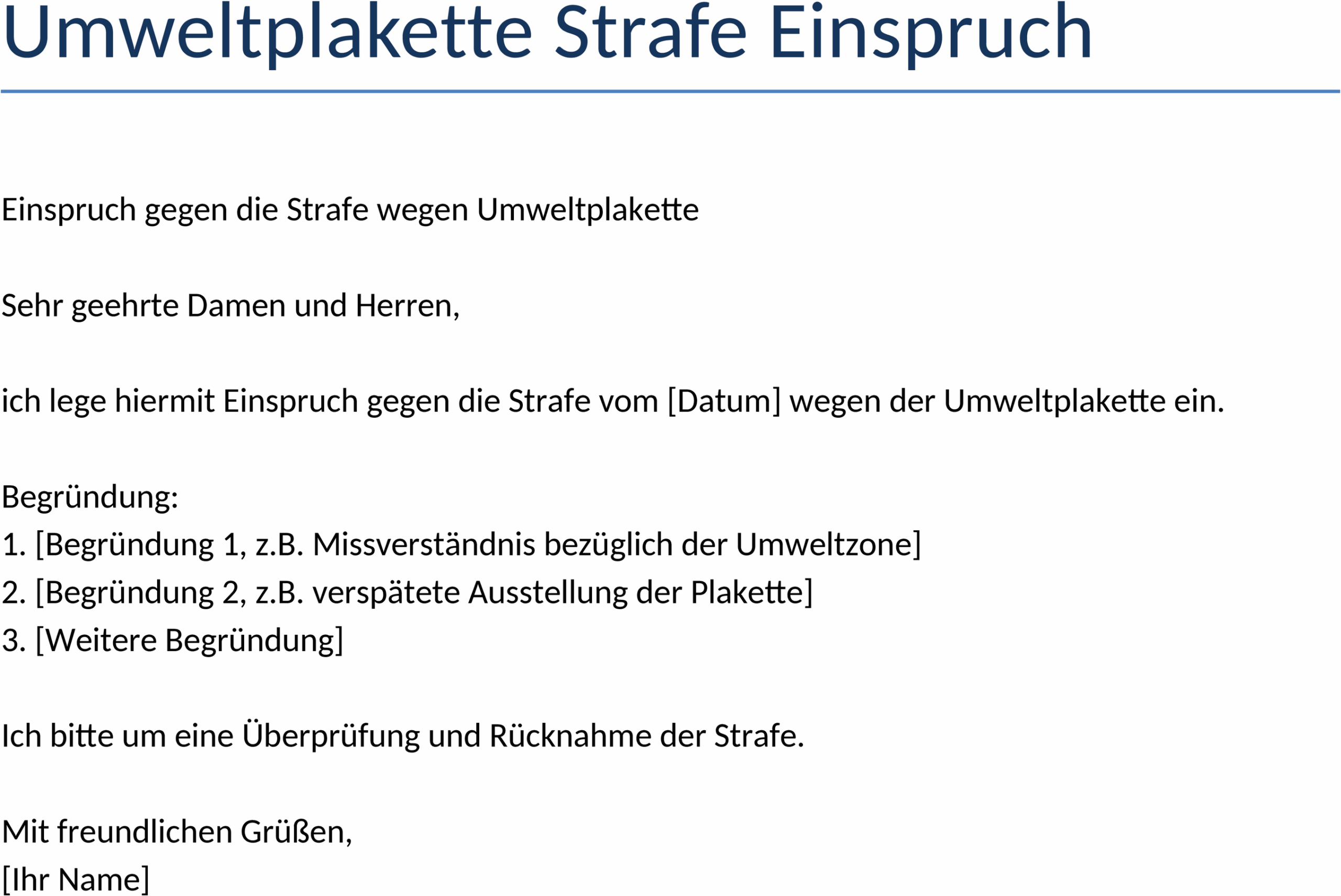 Einspruch-Vorlage Umweltplakette Strafe