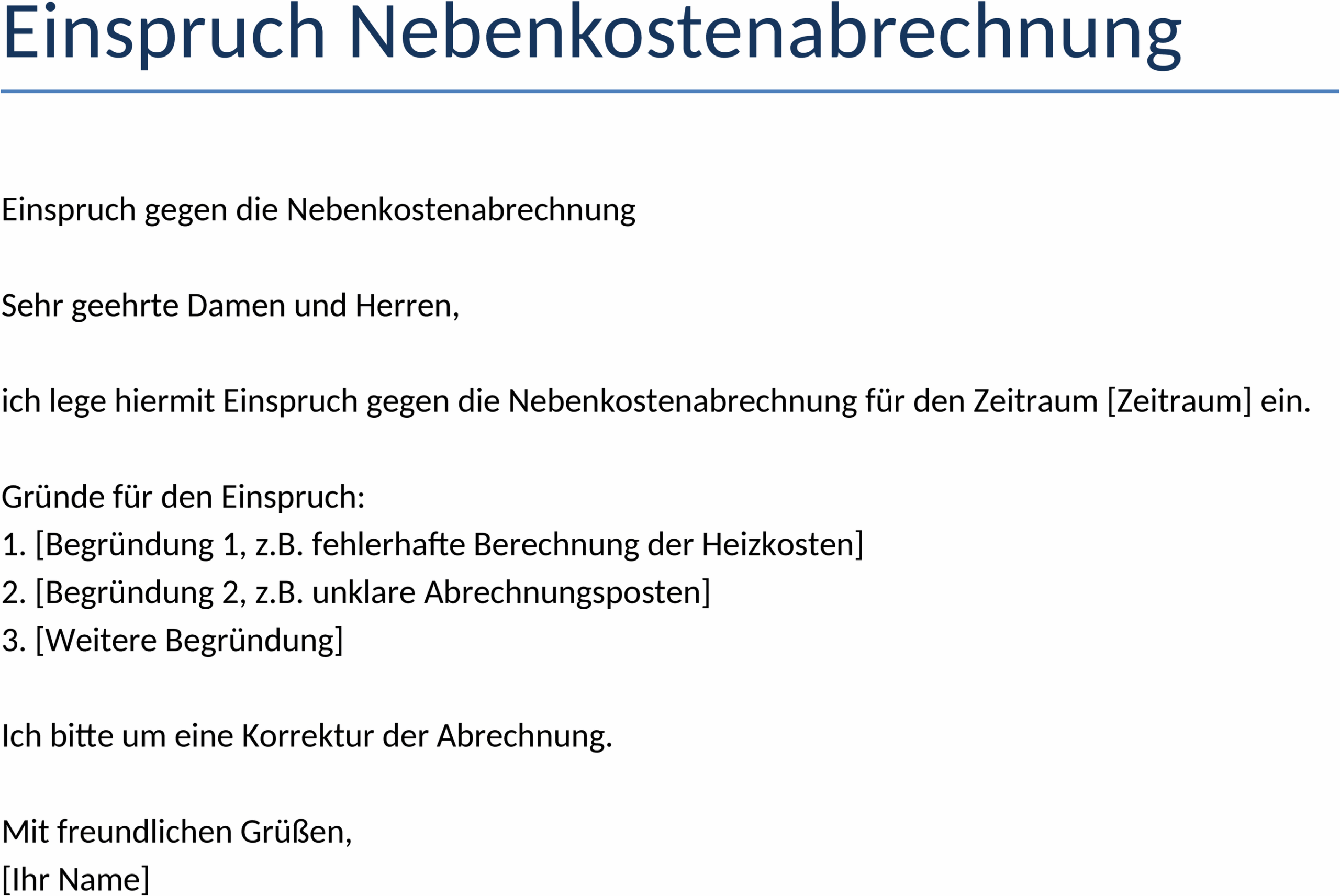 Einspruch zur Nebenkostenabrechnung Vorlage