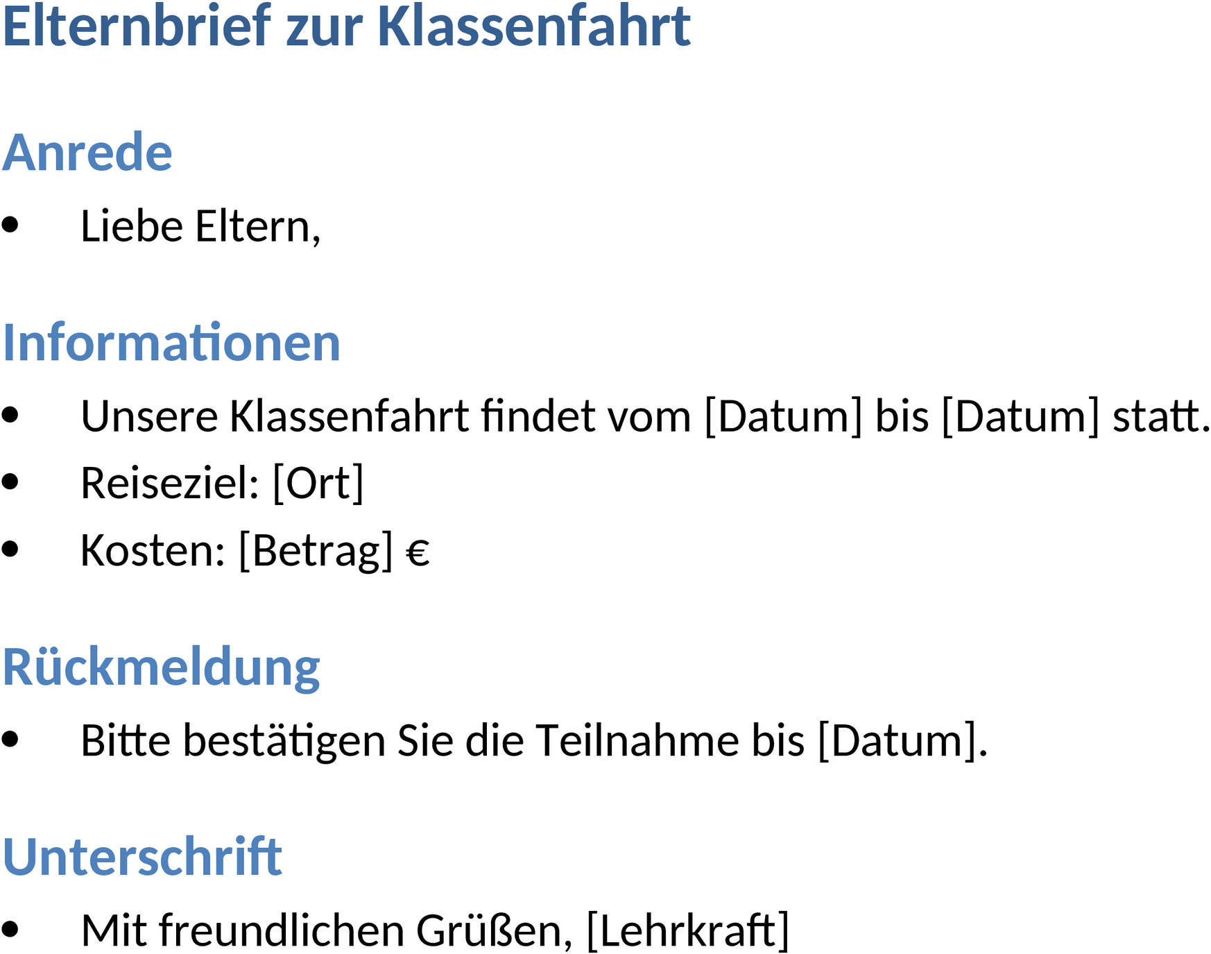 Elternbrief für die Klassenfahrt