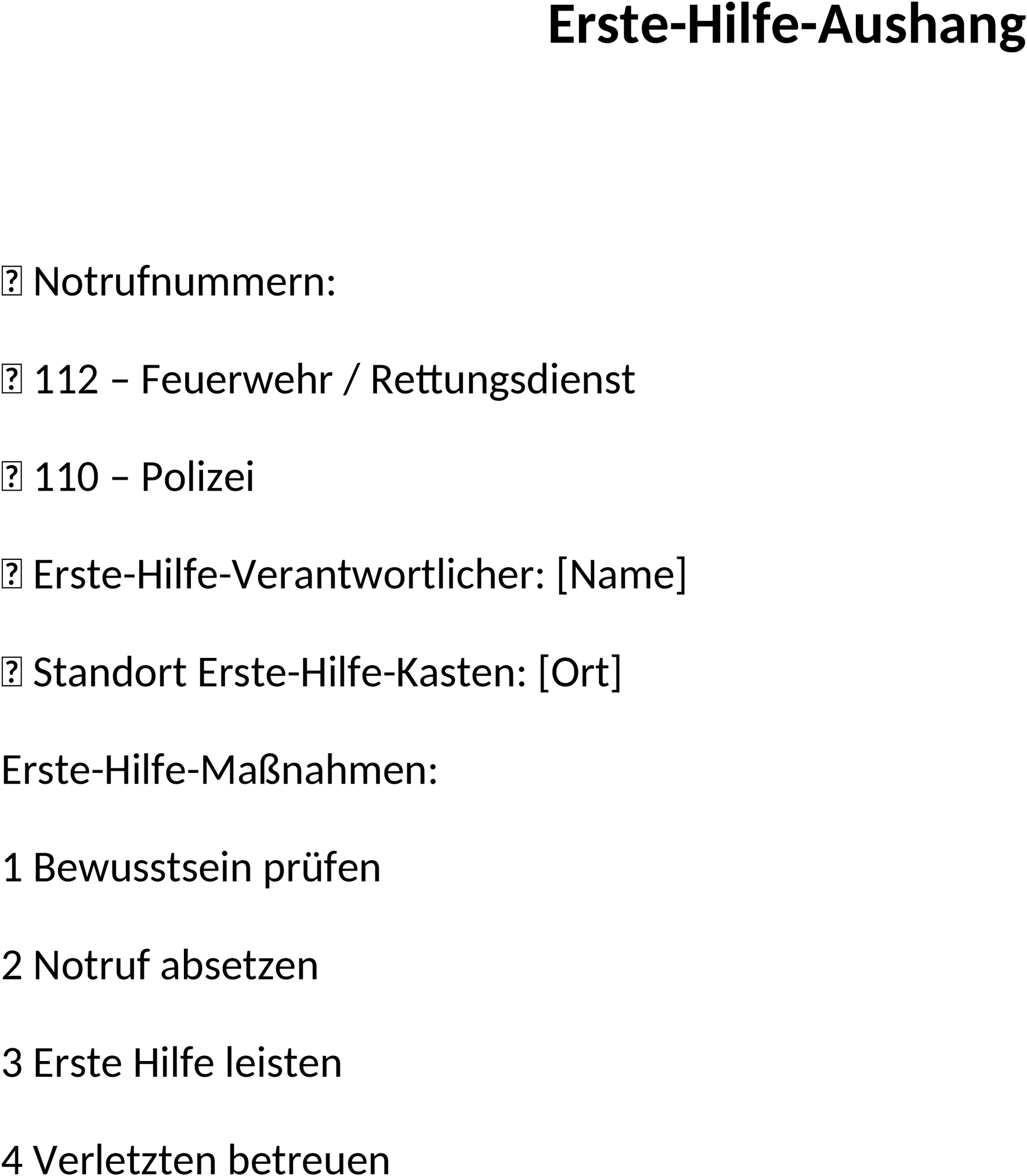 Erste Hilfe Aushang Word-Dokument