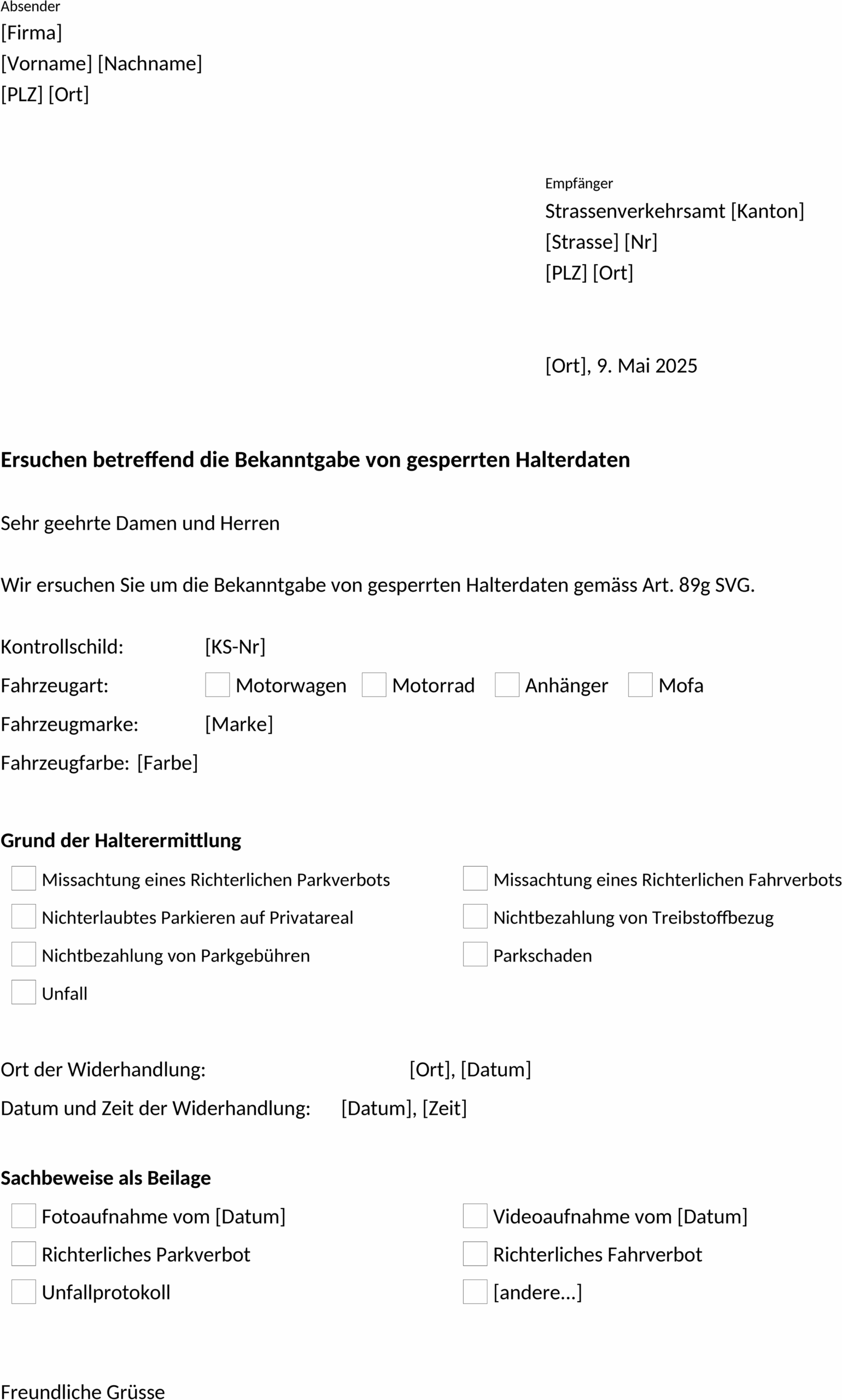 Word-Vorlage für Ersuchen Halterauskunft trotz Auskunftssperre
