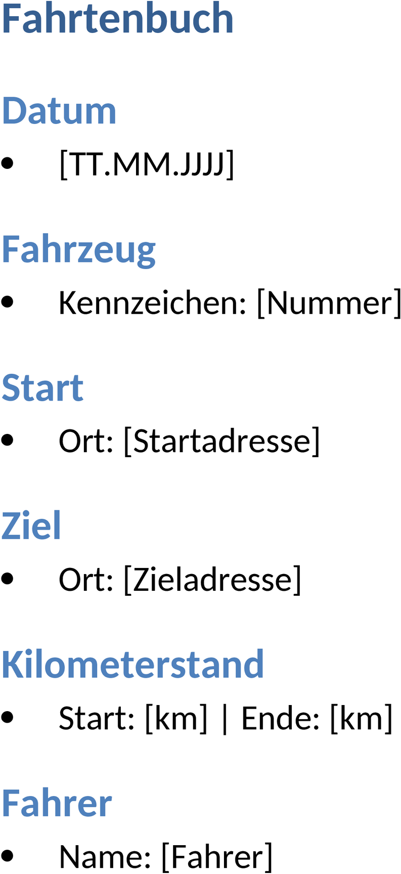 Fahrtenbuch Vorlage: Word-Template