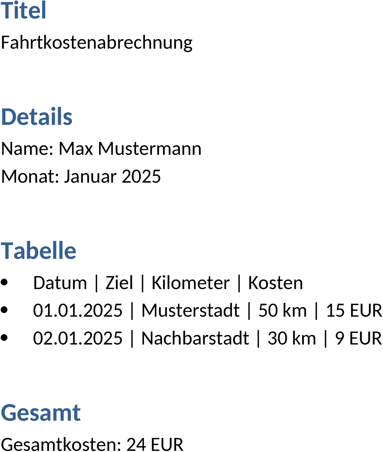 Fahrtkostenabrechnung Word Vorlage