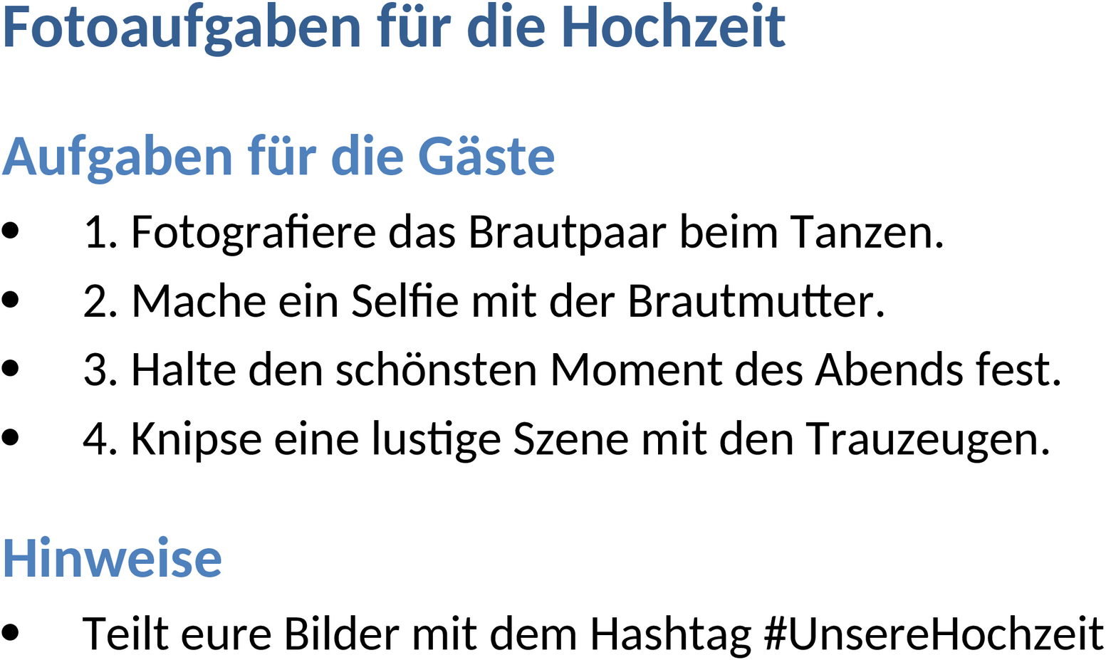 Fotoaufgaben Vorlage Hochzeit