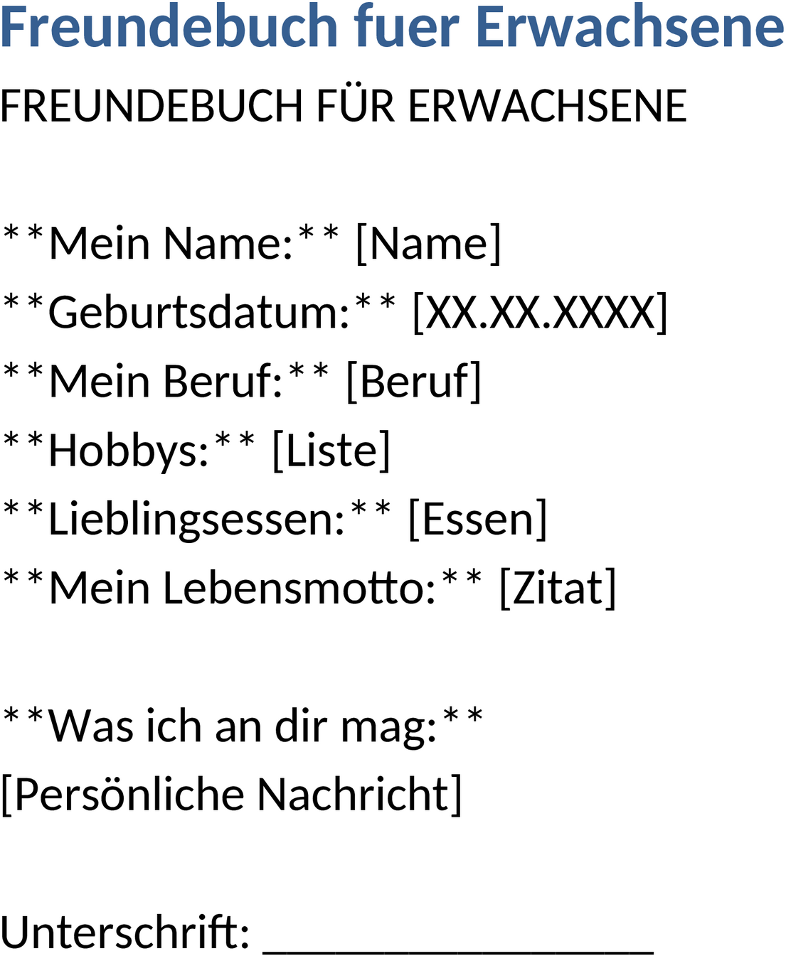Word Vorlage Freundebuch für Erwachsene