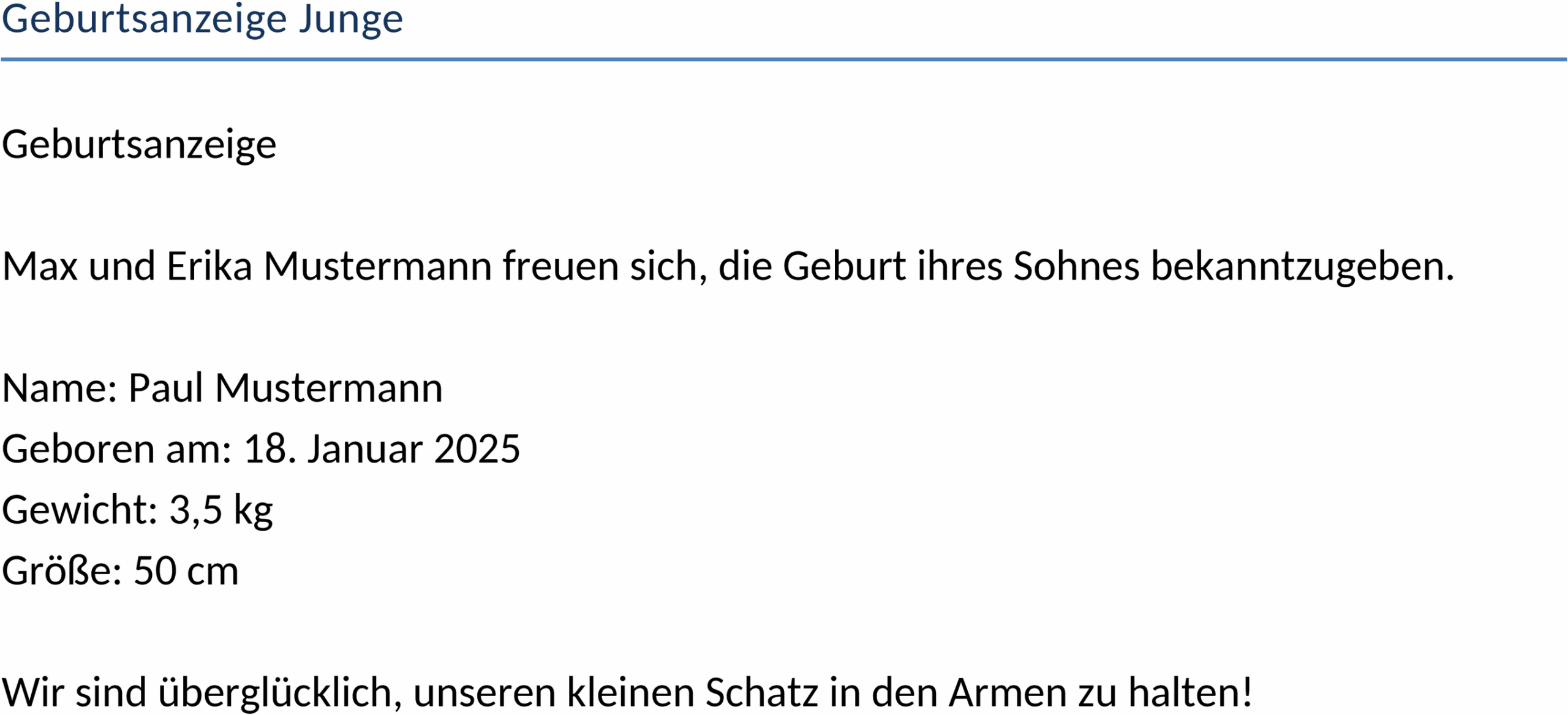 Geburtsanzeige-Vorlage für Jungen im Word-Format