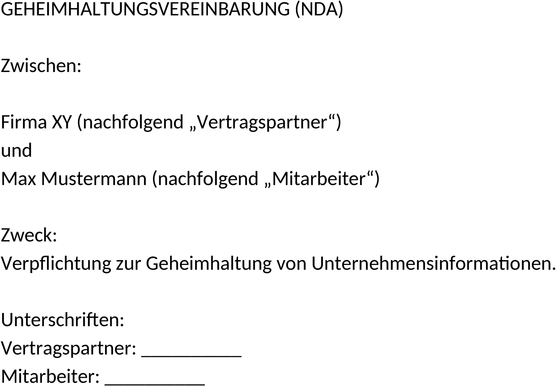 Geheimhaltungsvereinbarung Word Vorlage