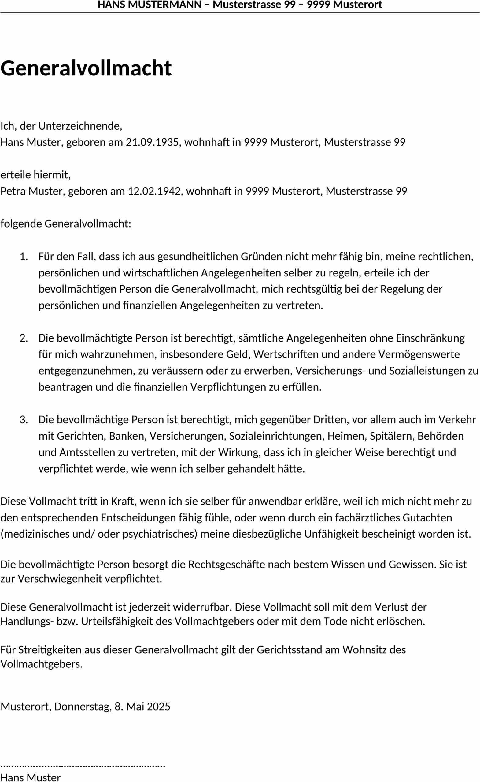 General Vollmacht Vorlage Schweiz