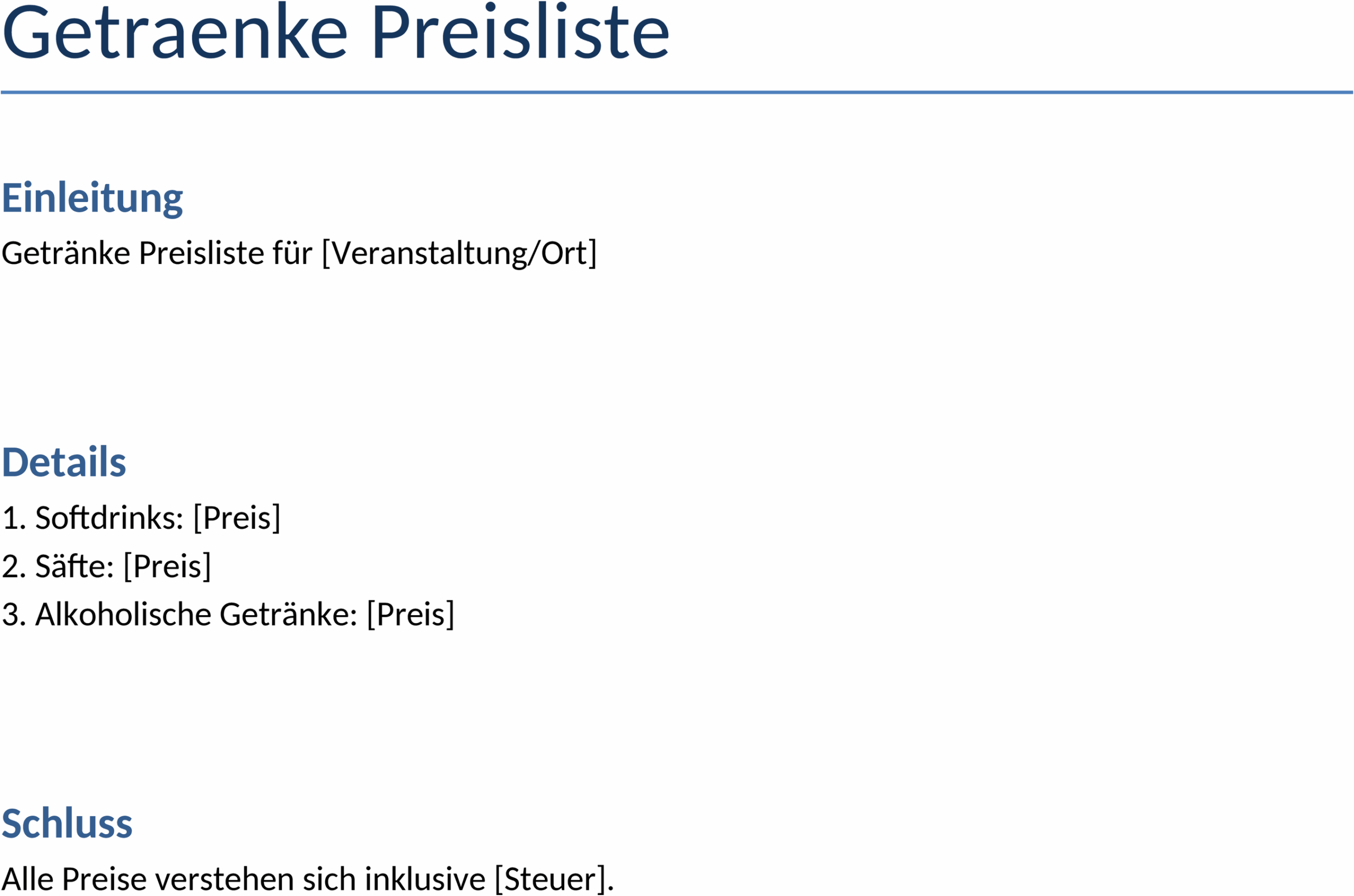 Getränke Preisliste Word Vorlage
