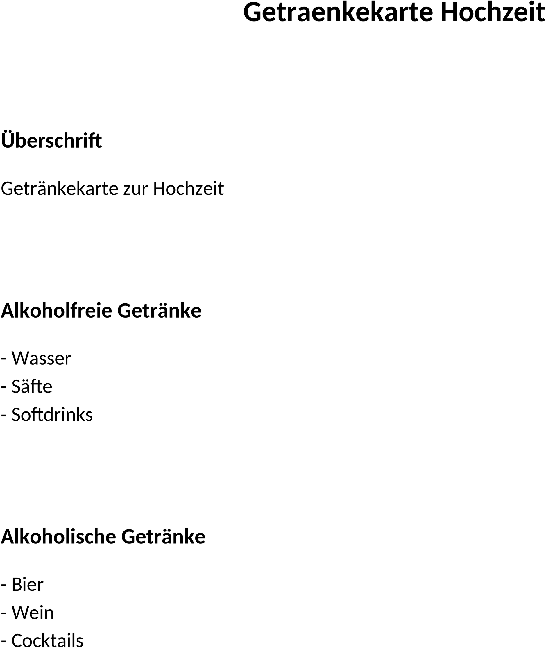 Word-Vorlage: Getränkekarte Hochzeit
