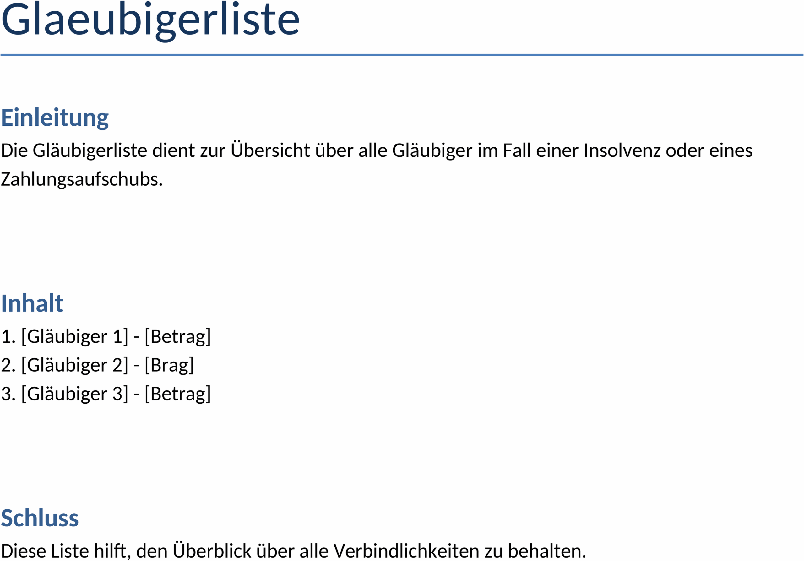 Glaeubigerliste Word-Vorlage fuer Finanzplanung