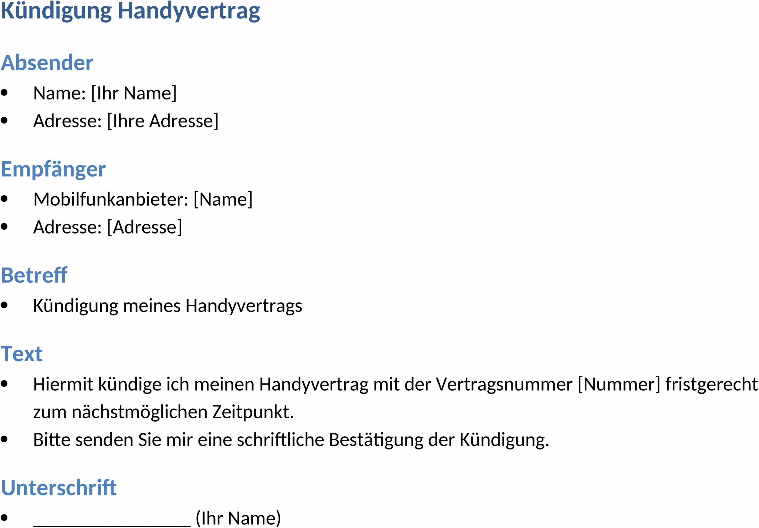 Word-Vorlage Handyvertrag Kündigung