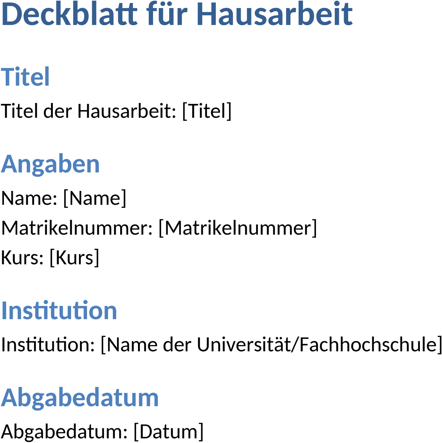 Hausarbeit Deckblatt Word-Vorlage
