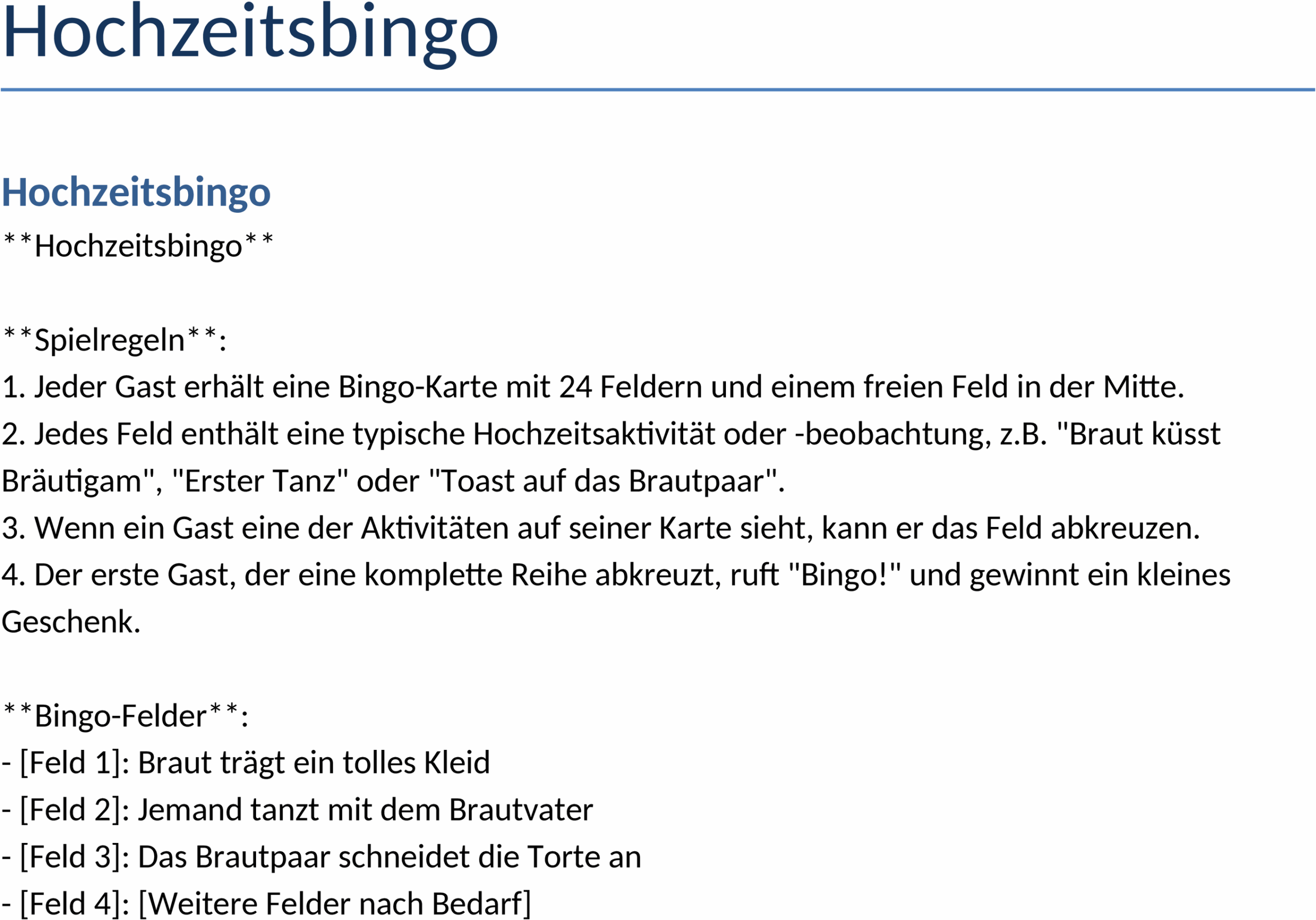 Hochzeitsbingo Word-Vorlage