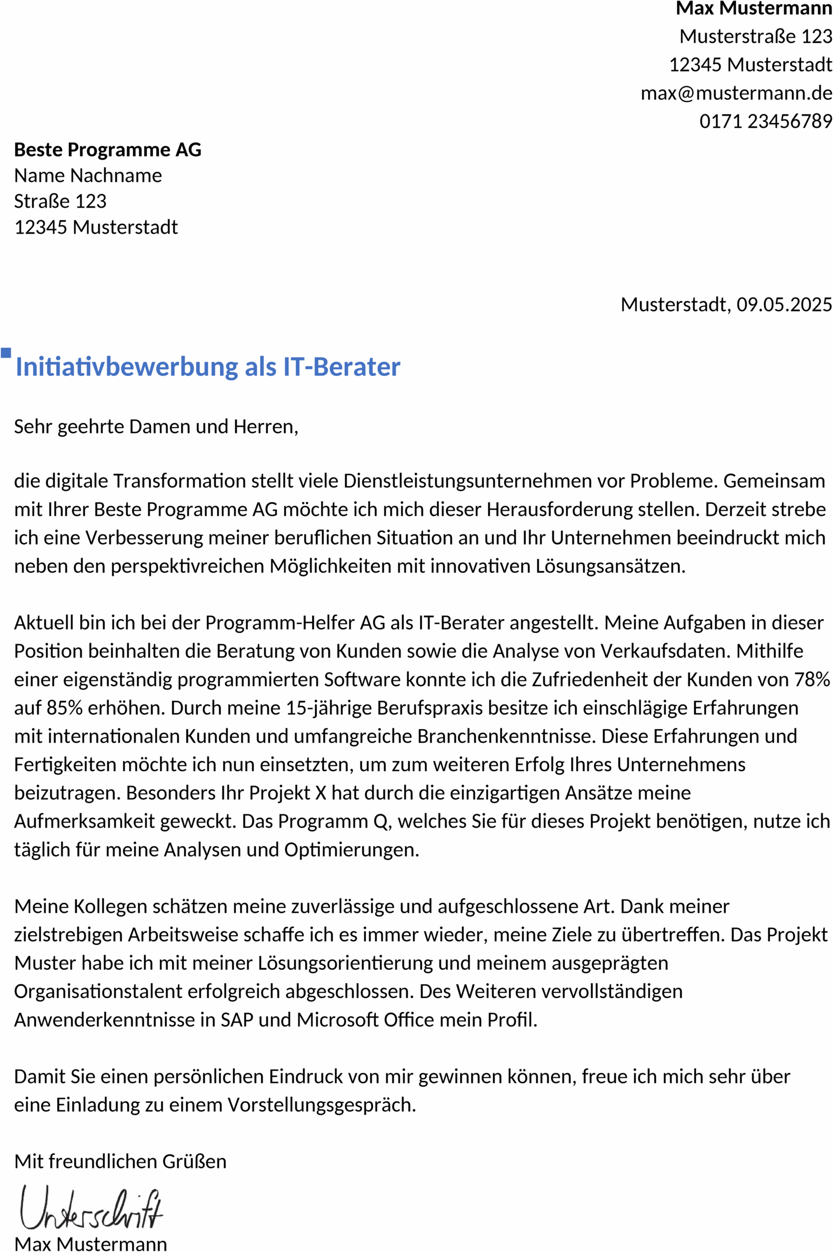 Initiativbewerbung Musteranschreiben Word
