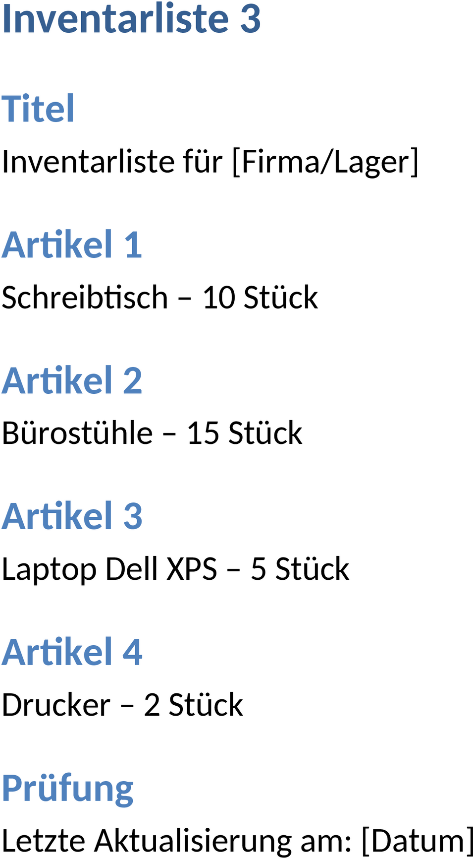 Inventarliste Word-Vorlage