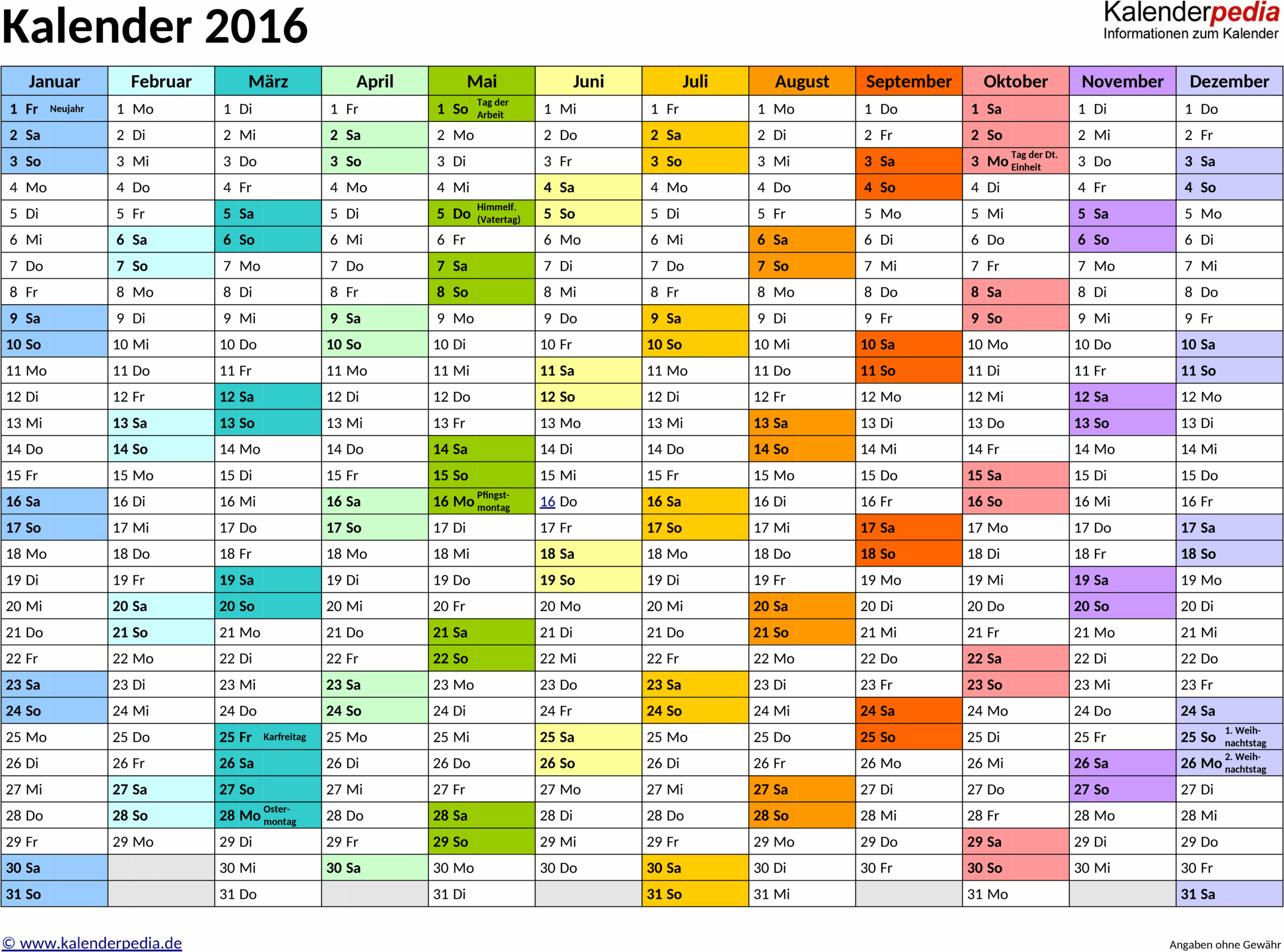 Kalender 2016 als Word-Dokument
