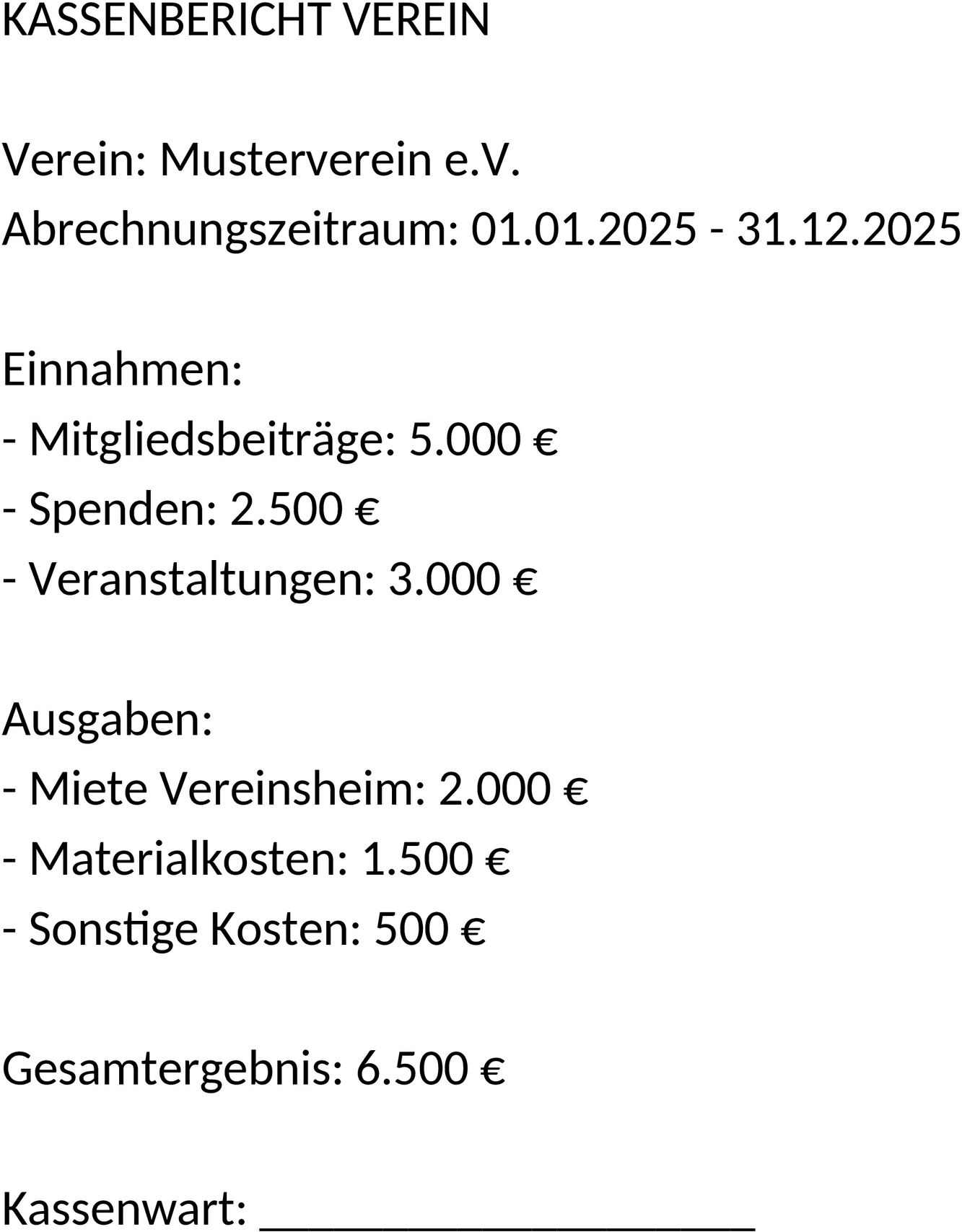 Kassenbericht im Word-Format für Vereine
