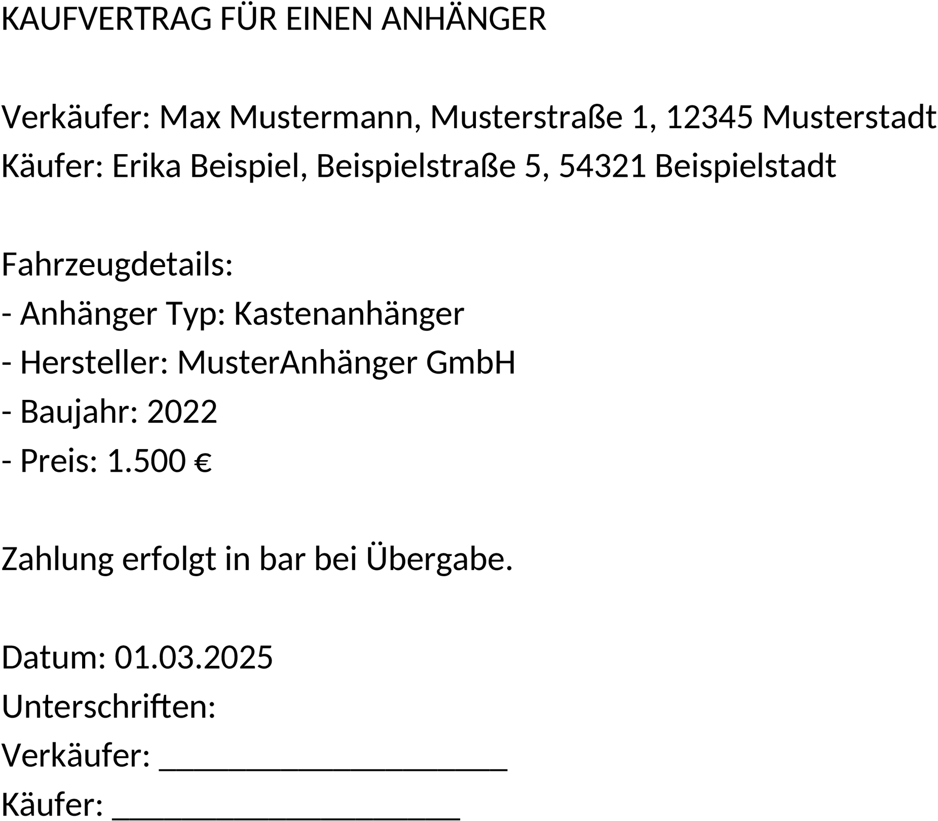 Kaufvertrag für Anhänger als Word-Dokument