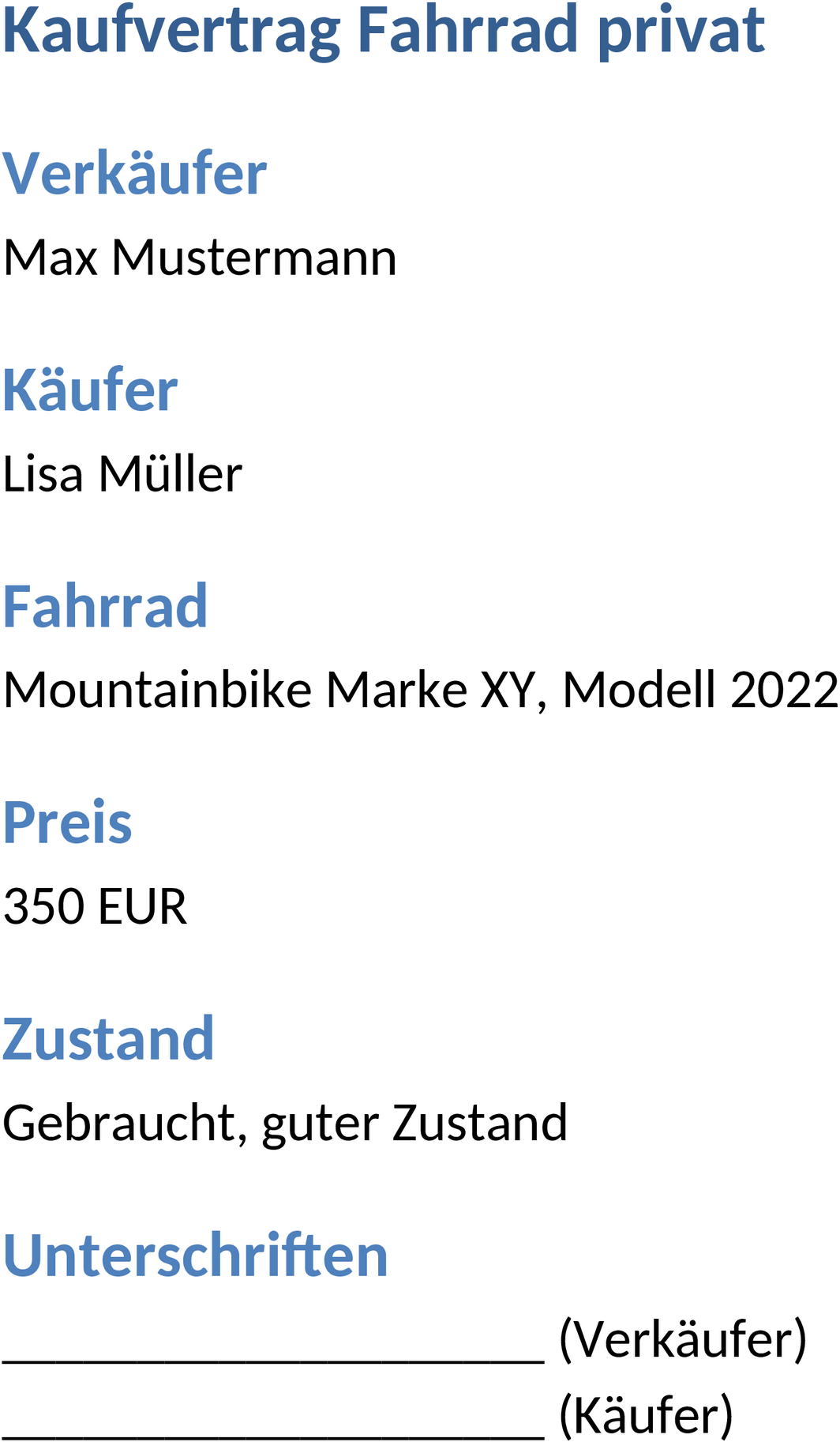 Kaufvertrag Fahrrad Privater Verkauf Word