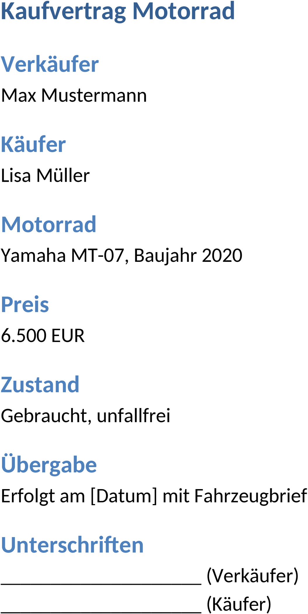 Kaufvertrag Motorrad Word-Dokument