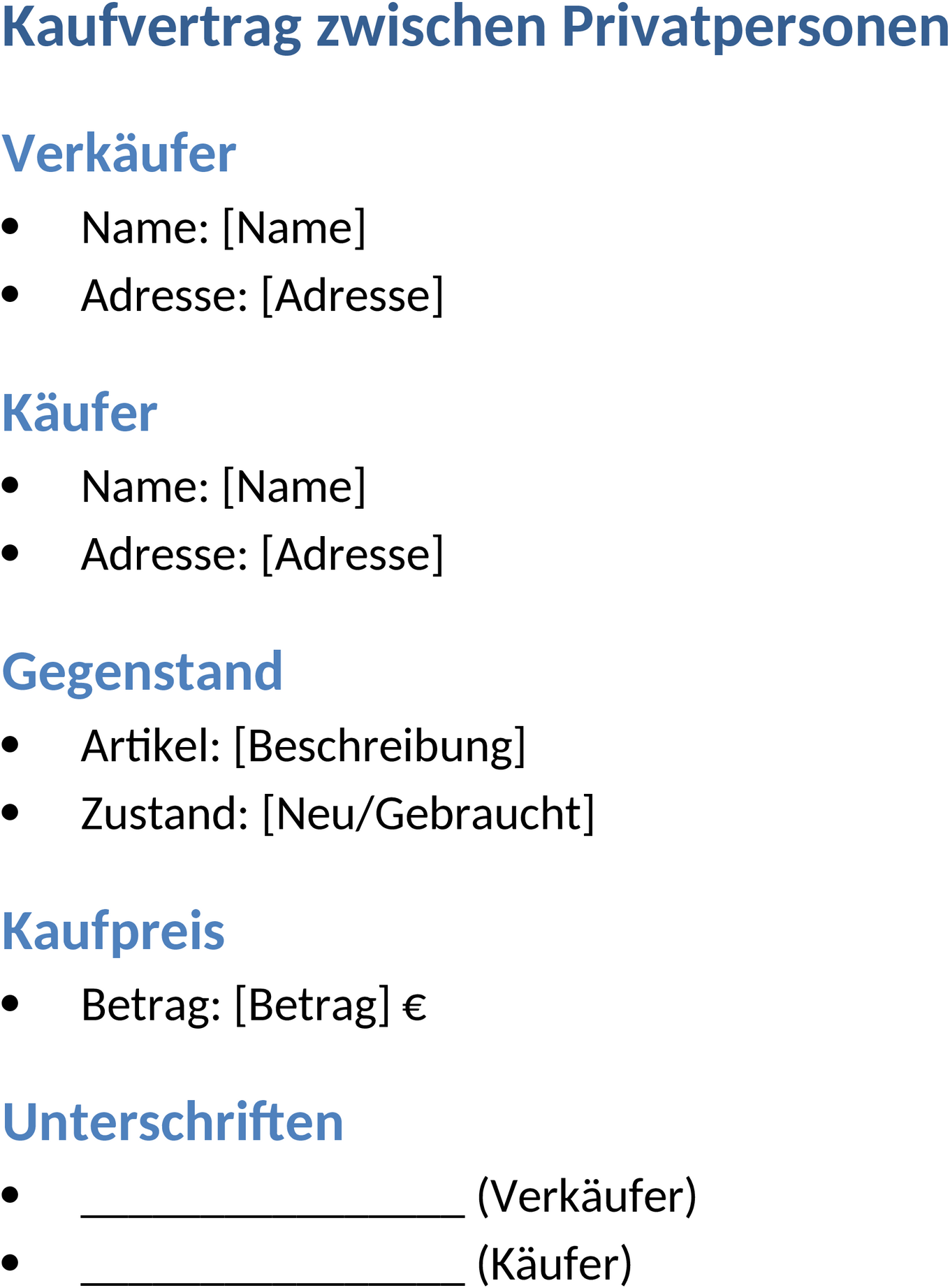 Kaufvertrag Word-Vorlage Privatfahrzeug