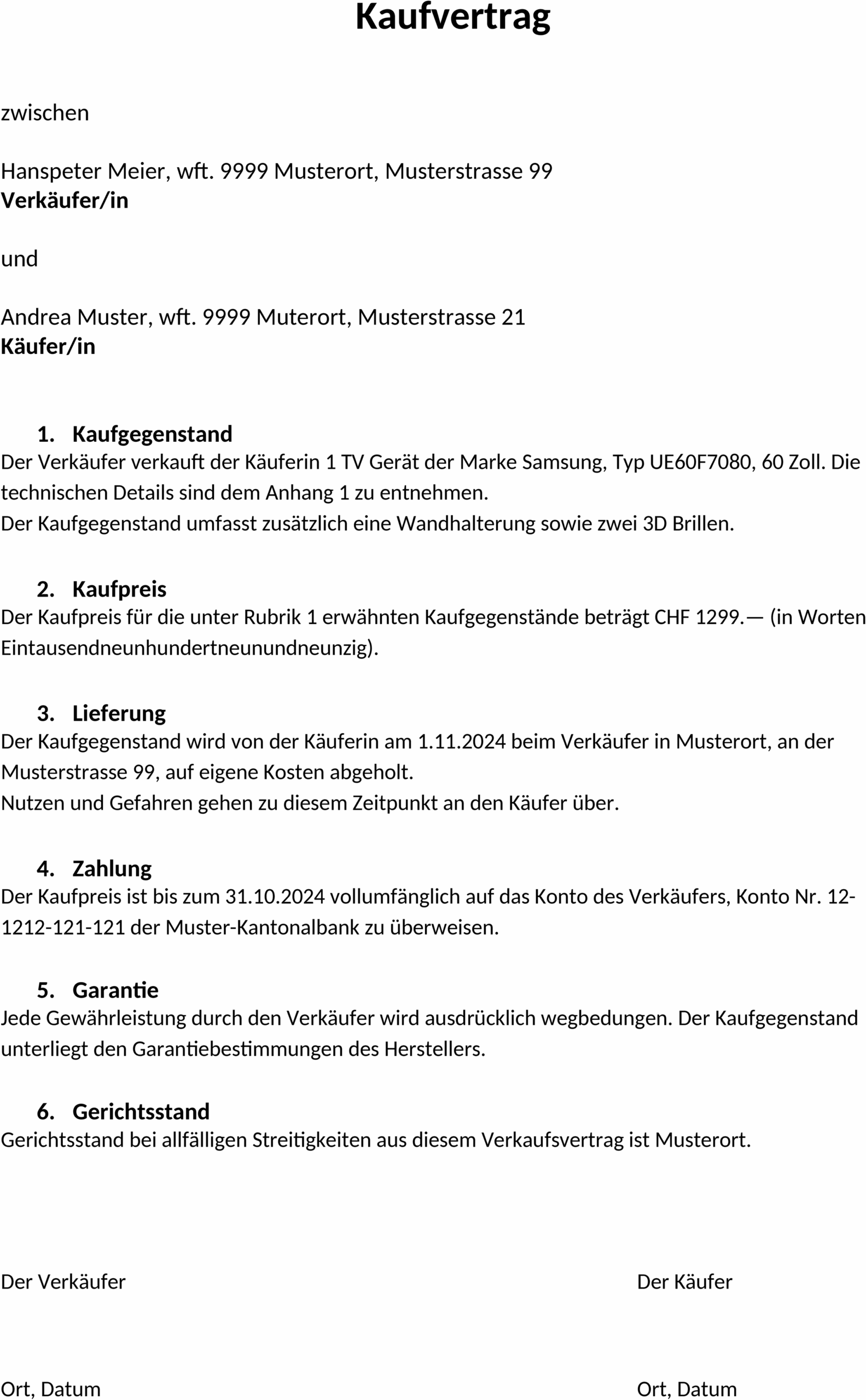 Kaufvertrag Vorlage Word