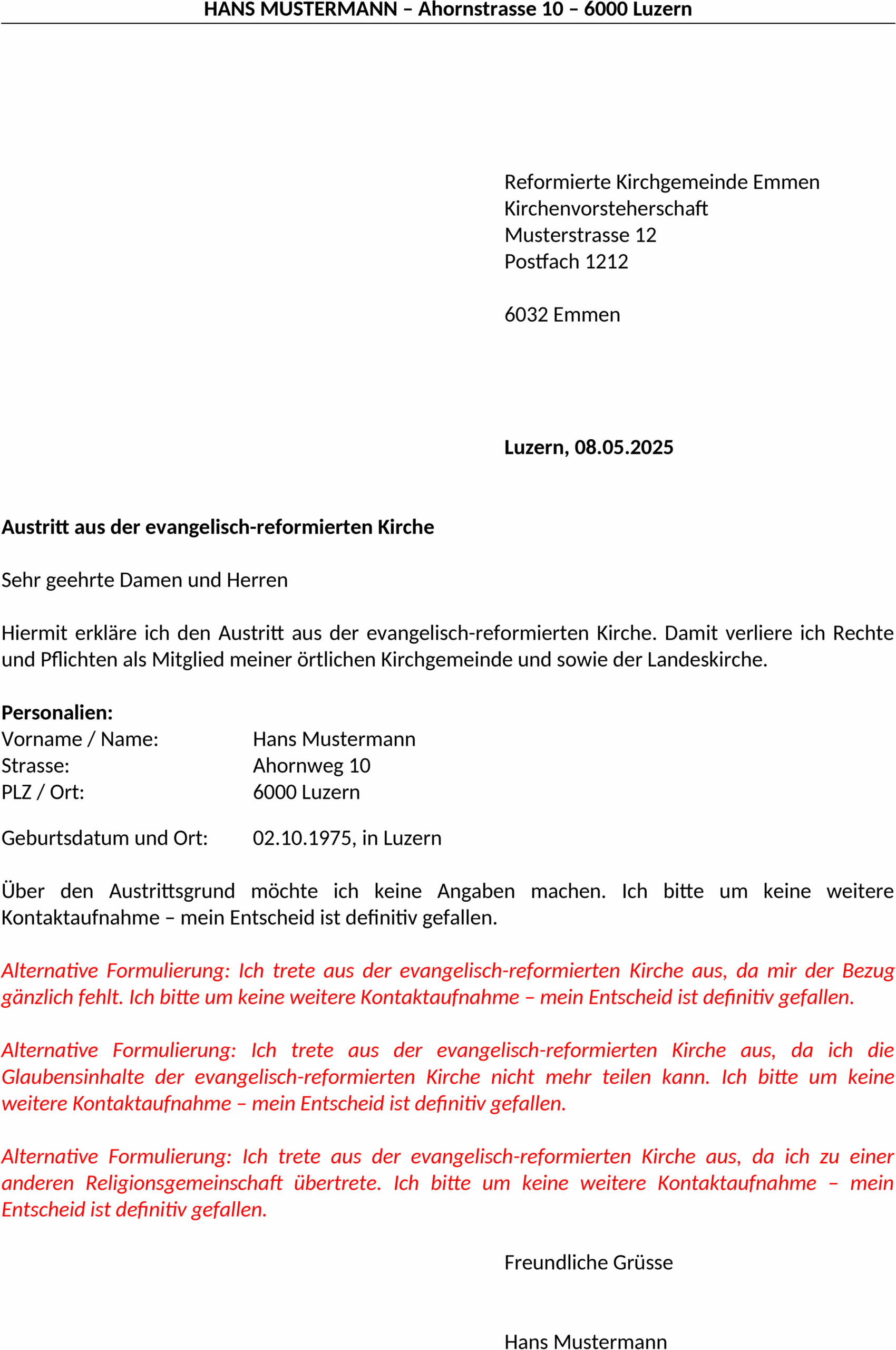 Word Vorlage für Kirchenaustritt Schweiz Evangelisch-Reformiert