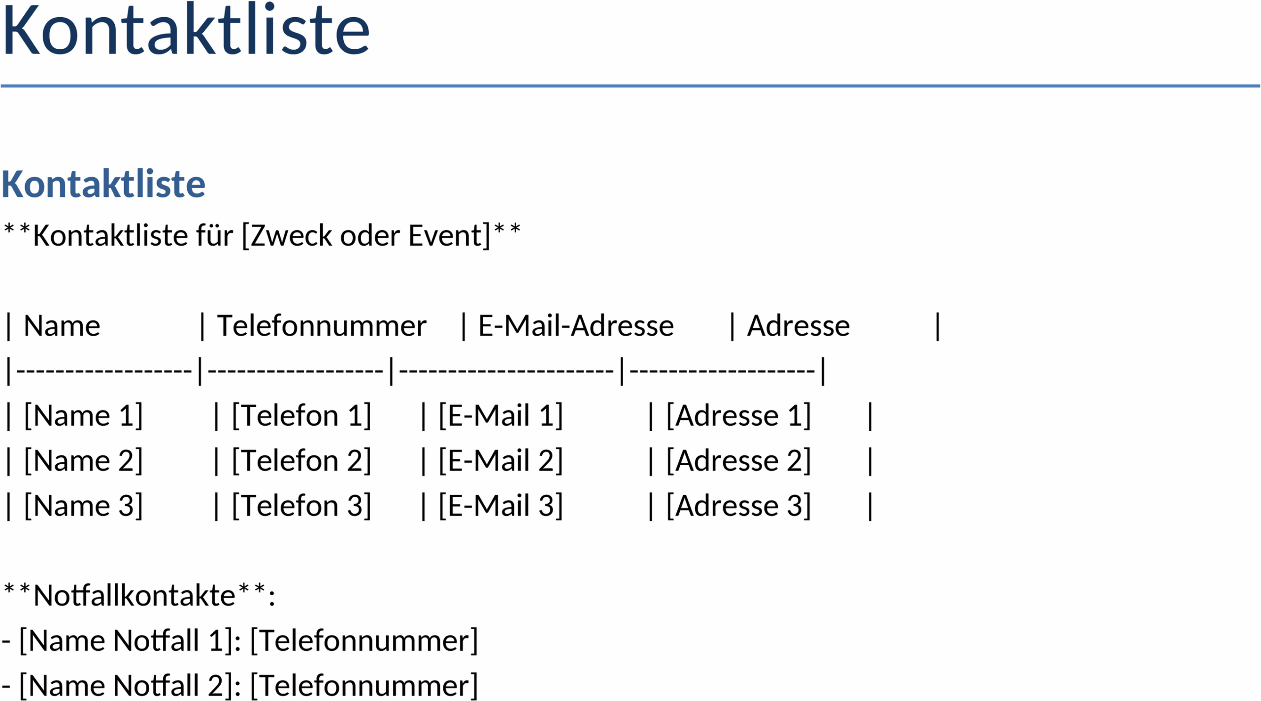 Word-Vorlage für Kontaktliste