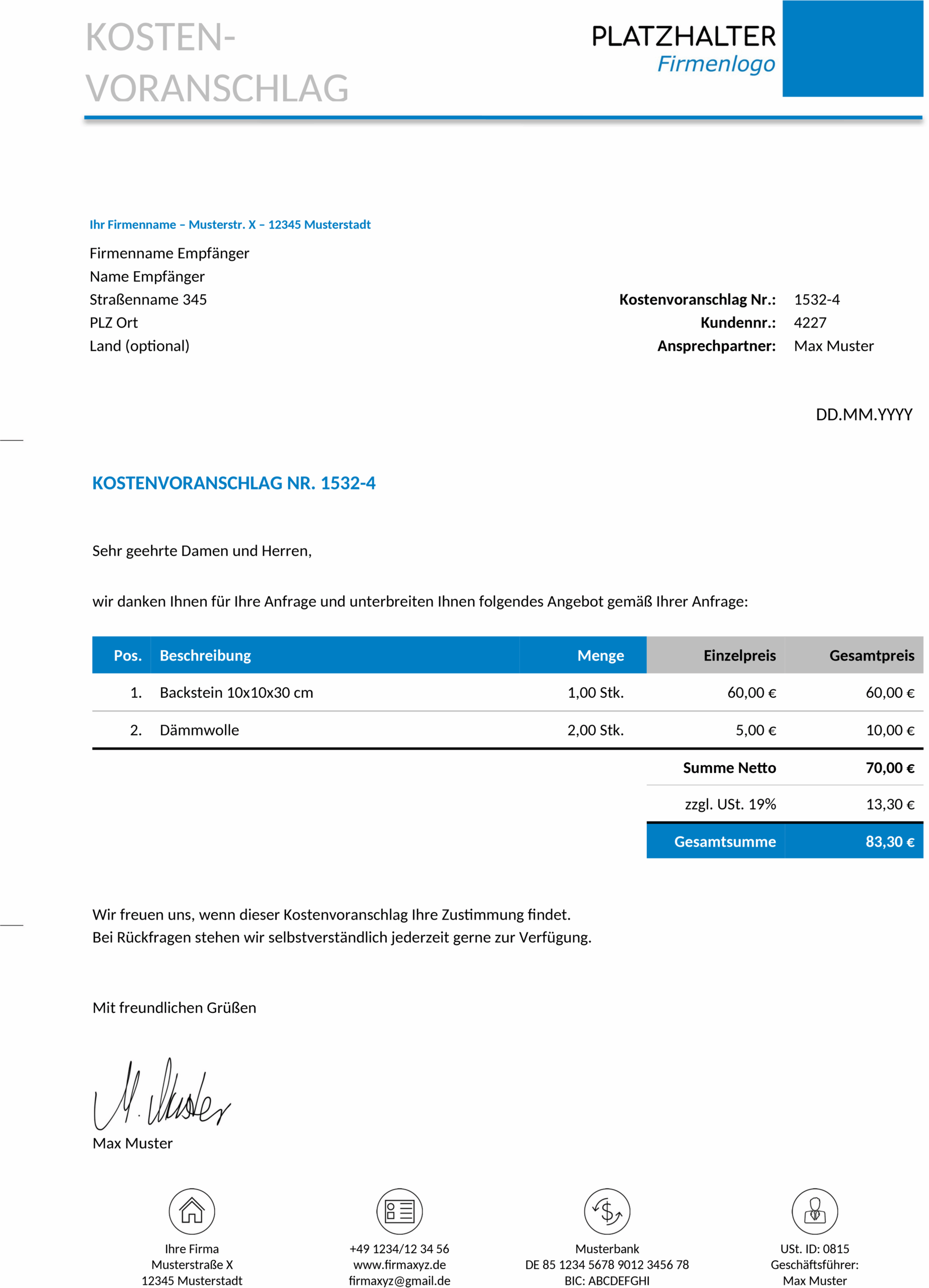 Kostenvoranschlag Word-Vorlage