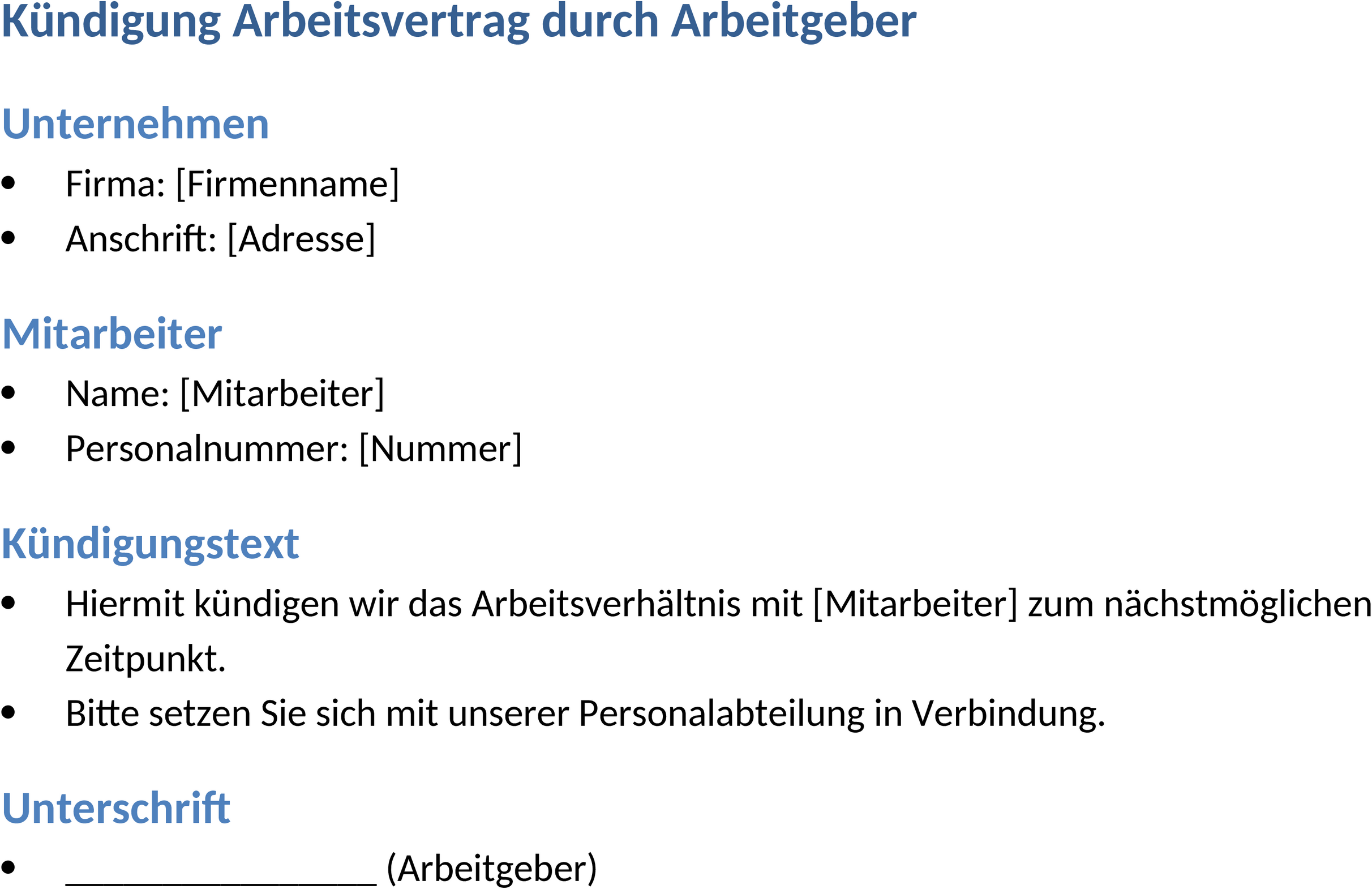 Word-Vorlage Kündigung Arbeitsvertrag Arbeitgeber