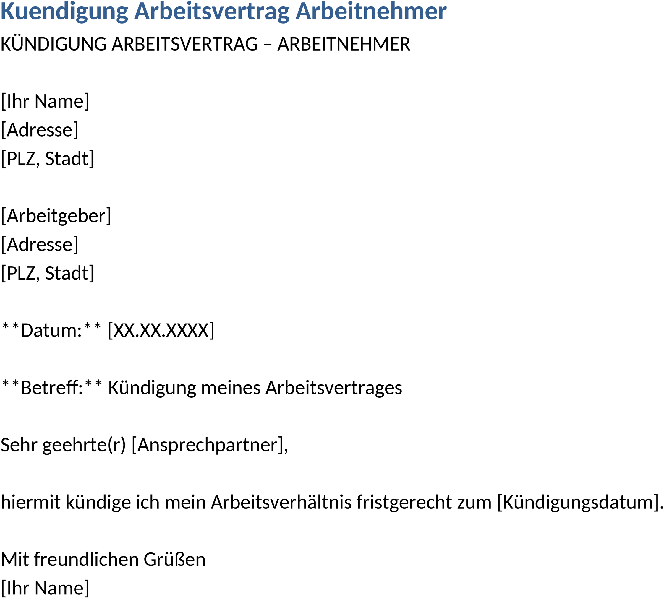 Word Vorlage Kündigung Arbeitsvertrag