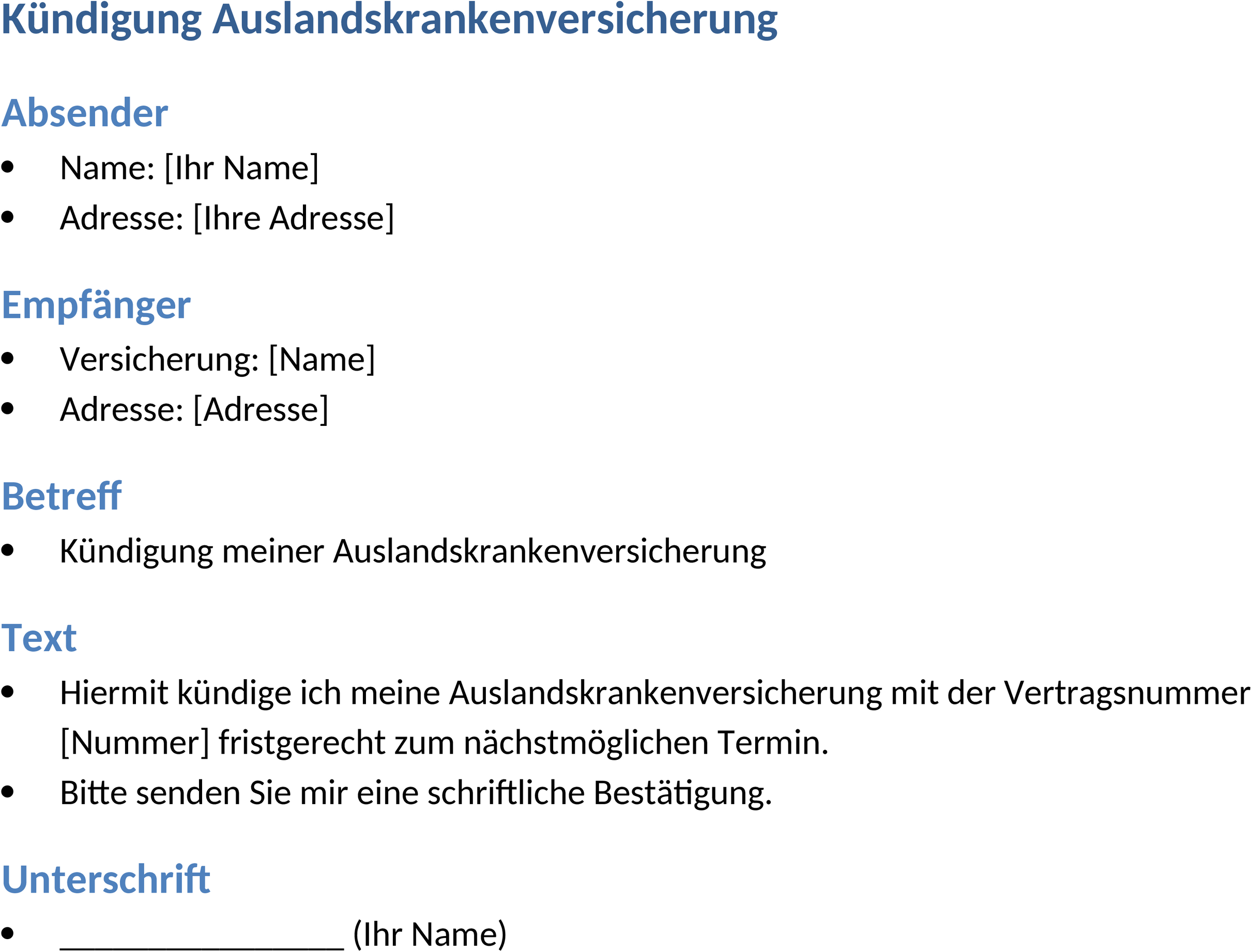 Kündigung Auslandskrankenversicherung Word-Template