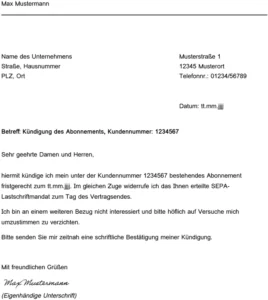 kuendigung-des-abonnements-vorlage