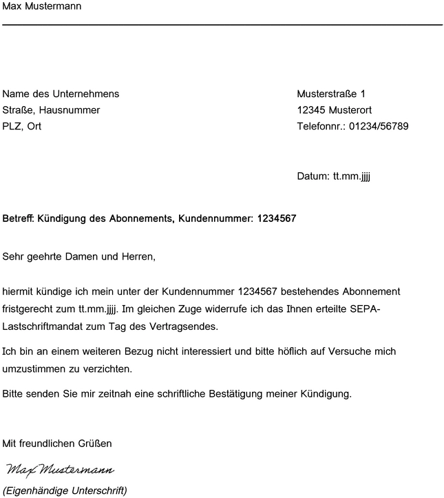 kuendigung-des-abonnements-vorlage